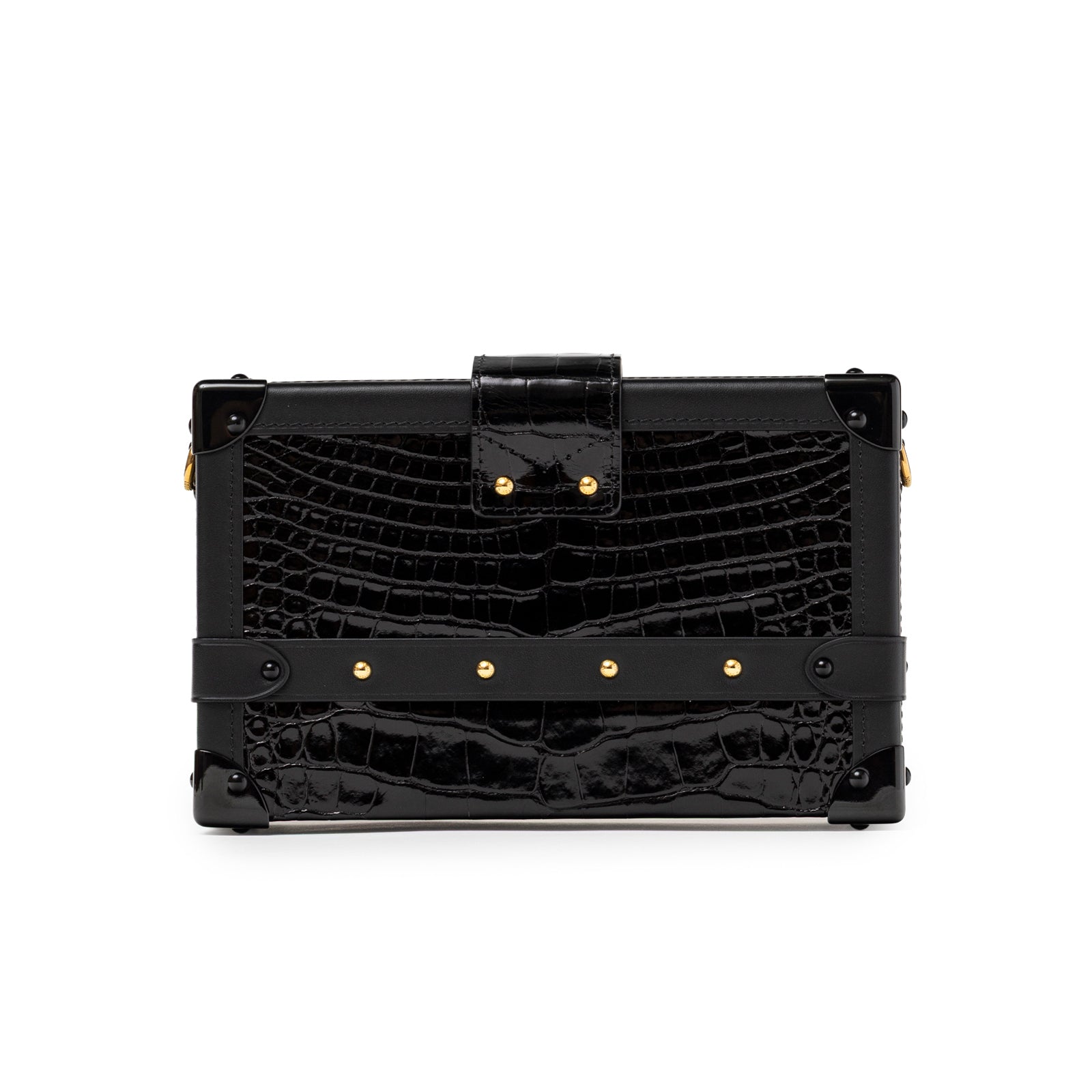 Back view of Louis Vuitton Petite Malle Black Shiny Niloticus Gold Hardware with croc texture and gold studs detail