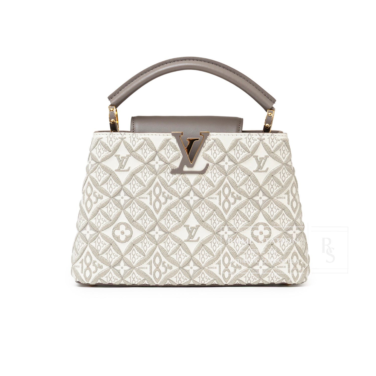 Louis Vuitton Since 1854 Embroidered Capucines BB Ecru/Taupe Calf Gold Hardware Front View
