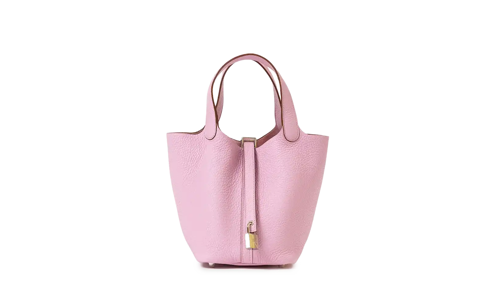 Pink leather handbag with gold lock.