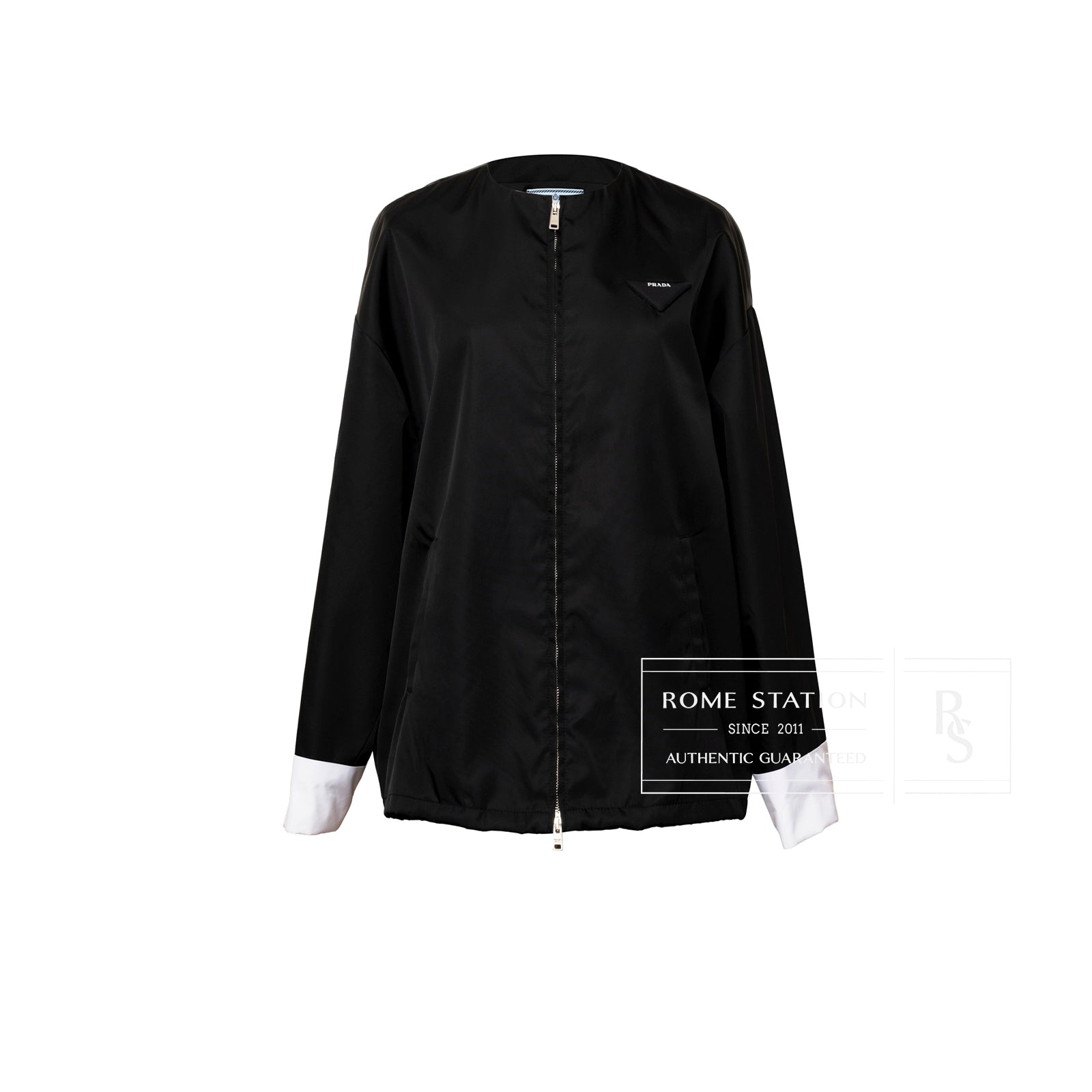 Front view of Prada Re-Nylon Jacket Crystal Buttoned Black/White with white cuffs and subtle logo patch on chest