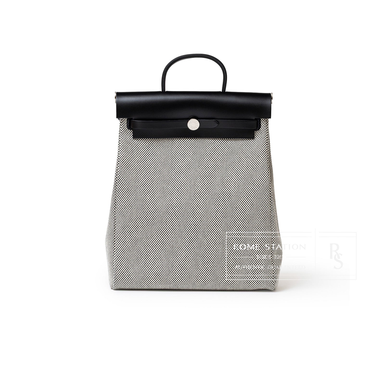 Hermès Herbag a Dos Backpack Ecru/Black Toile Palladium Hardware - Front