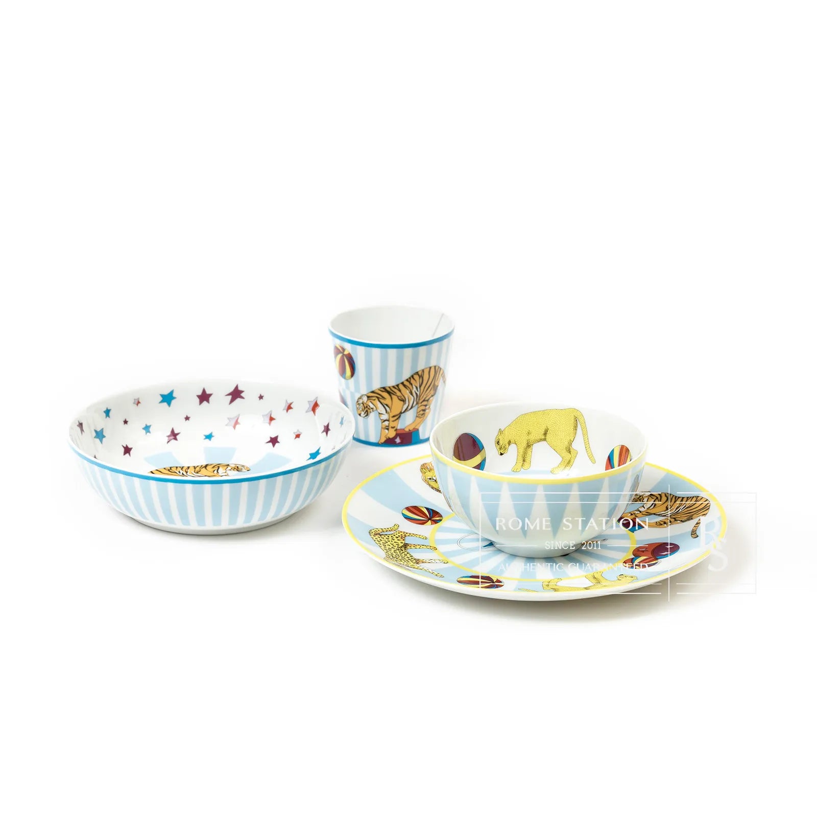 Hermes Circus set of 4; 1 Plate/2 Bowl/1 Cup Blue Tableware Set