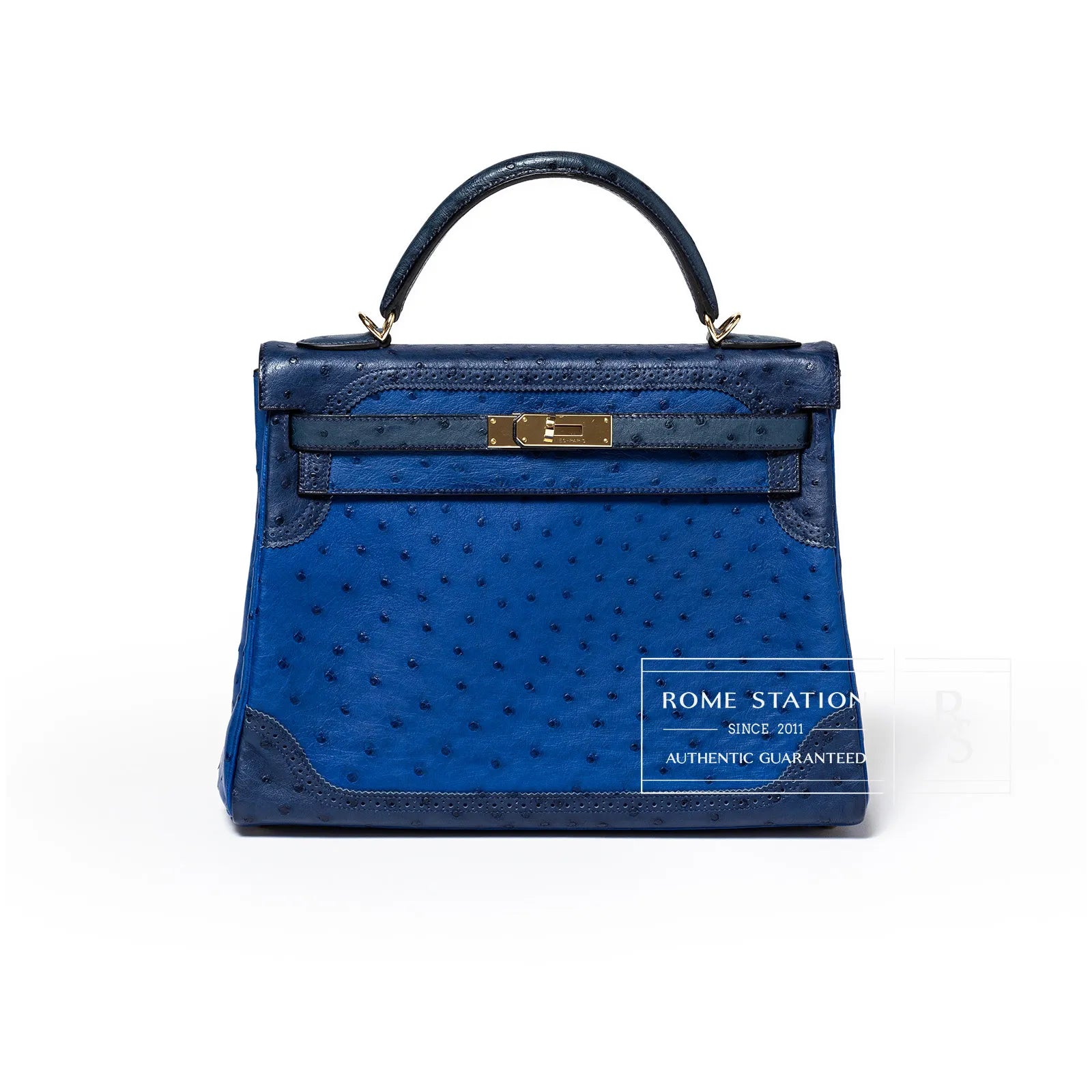 Hermès Kelly 32 Ghillies Blue Sapphire/Blue Iris/Blue Thalassa Ostrich Permabrass Hardware