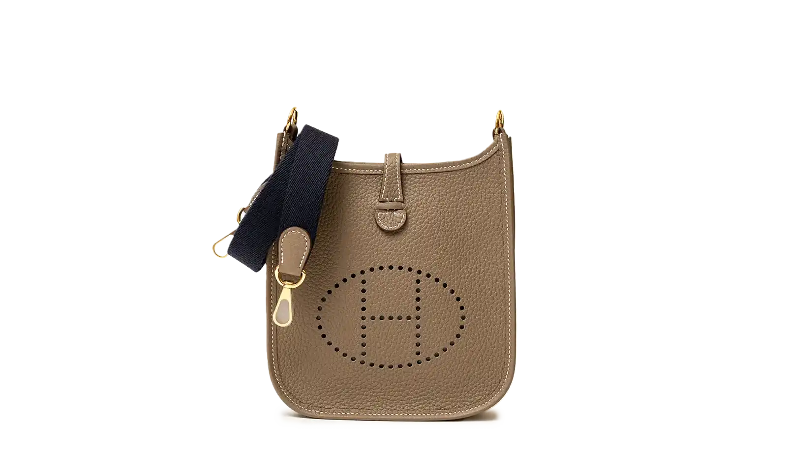 Taupe leather crossbody bag with a perforated ’H’ design.