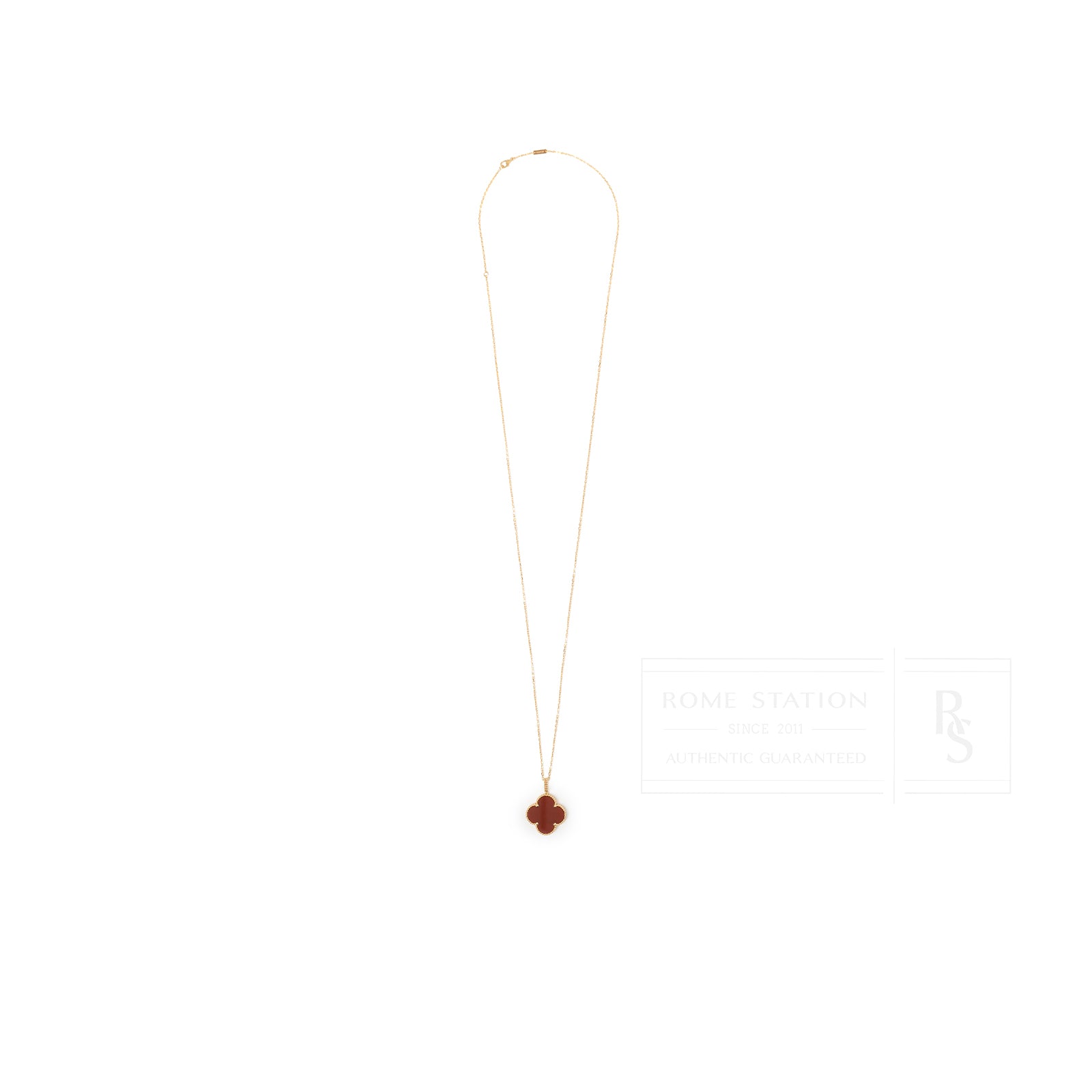 Front view of Van Cleef & Arpels Magic Alhambra 1 Motif Long Necklace 18K Yellow Gold Carnelian with red pendant