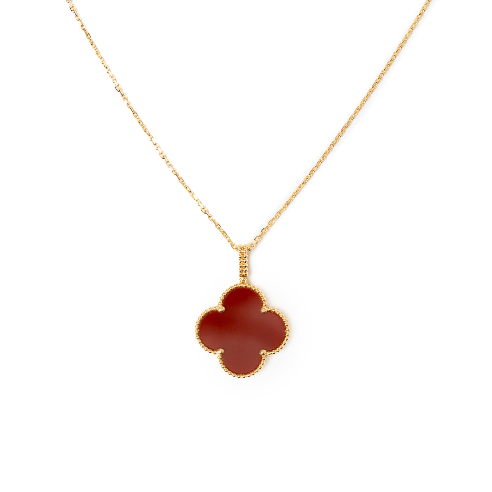 Close up back view of Van Cleef & Arpels Magic Alhambra 1 Motif Long Necklace 18K Yellow Gold Carnelian with clover pendant