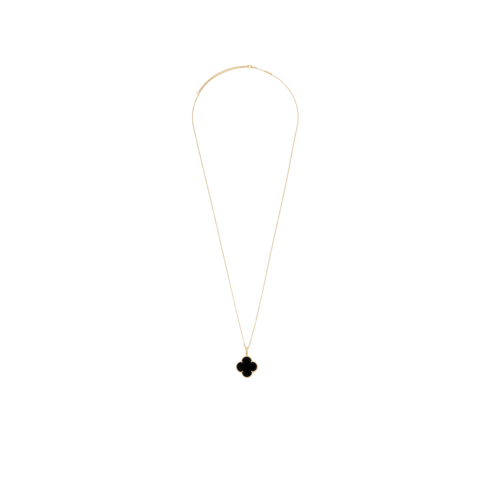 Front view of Van Cleef & Arpels Magic Alhambra 1 Motif Long Necklace Onyx 18K Yellow Gold showing black clover pendant on delicate chain