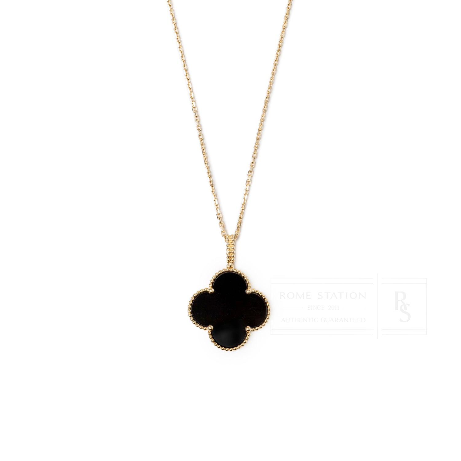 Front view of Van Cleef & Arpels Magic Alhambra 1 Motif Long Necklace Onyx 18K Yellow Gold pendant and chain