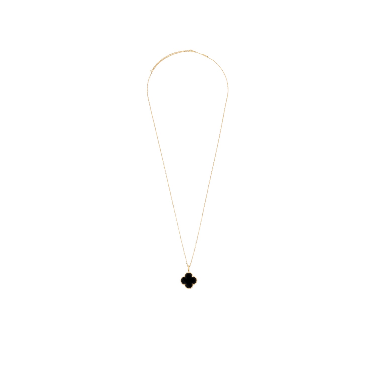 Front view of Van Cleef & Arpels Magic Alhambra 1 Motif Long Necklace Onyx 18K Yellow Gold showing black clover pendant on delicate chain