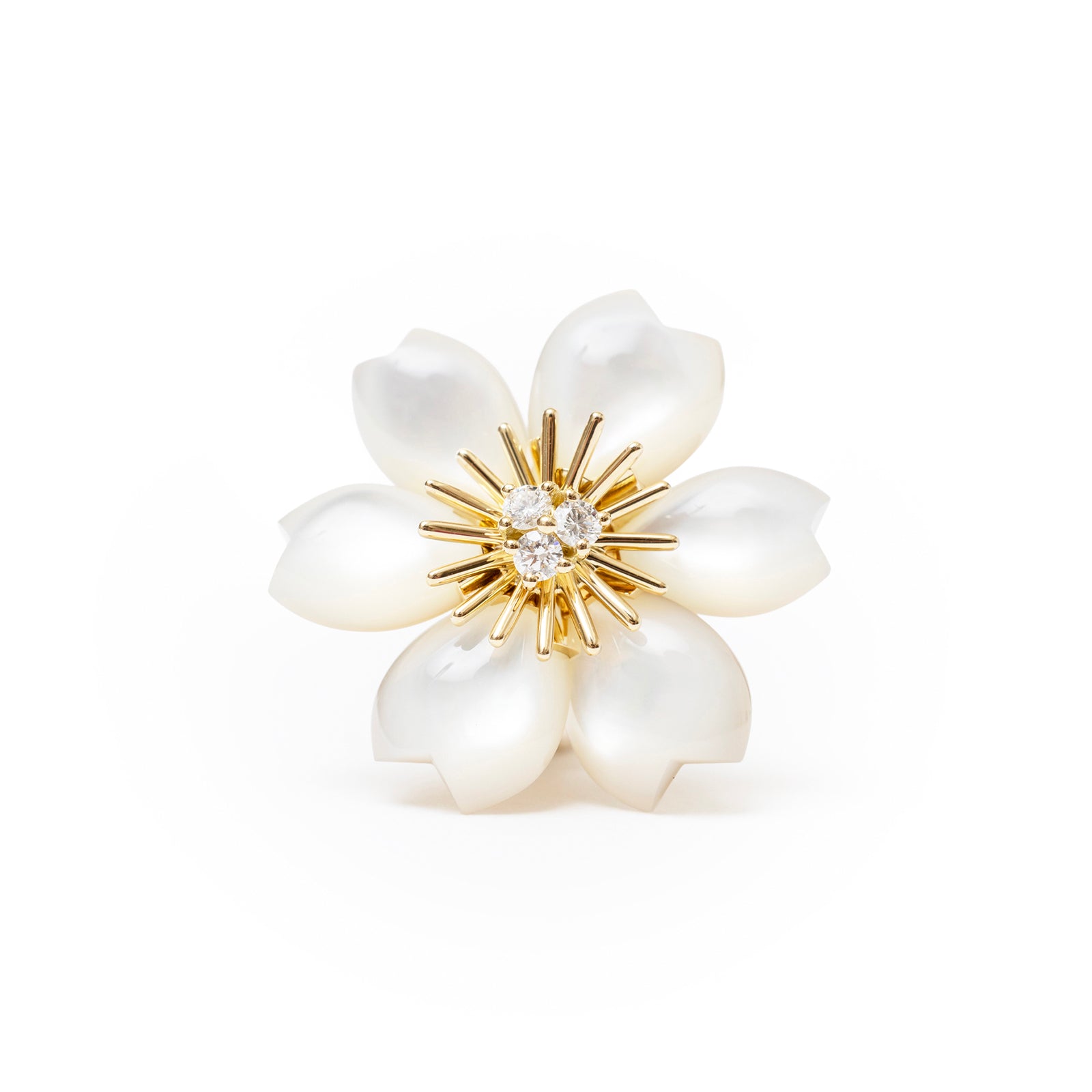 Close-up front view of Van Cleef & Arpels Rose de Noël Earrings Mini 18K yellow gold Diamond/Mother-of-pearls flower design