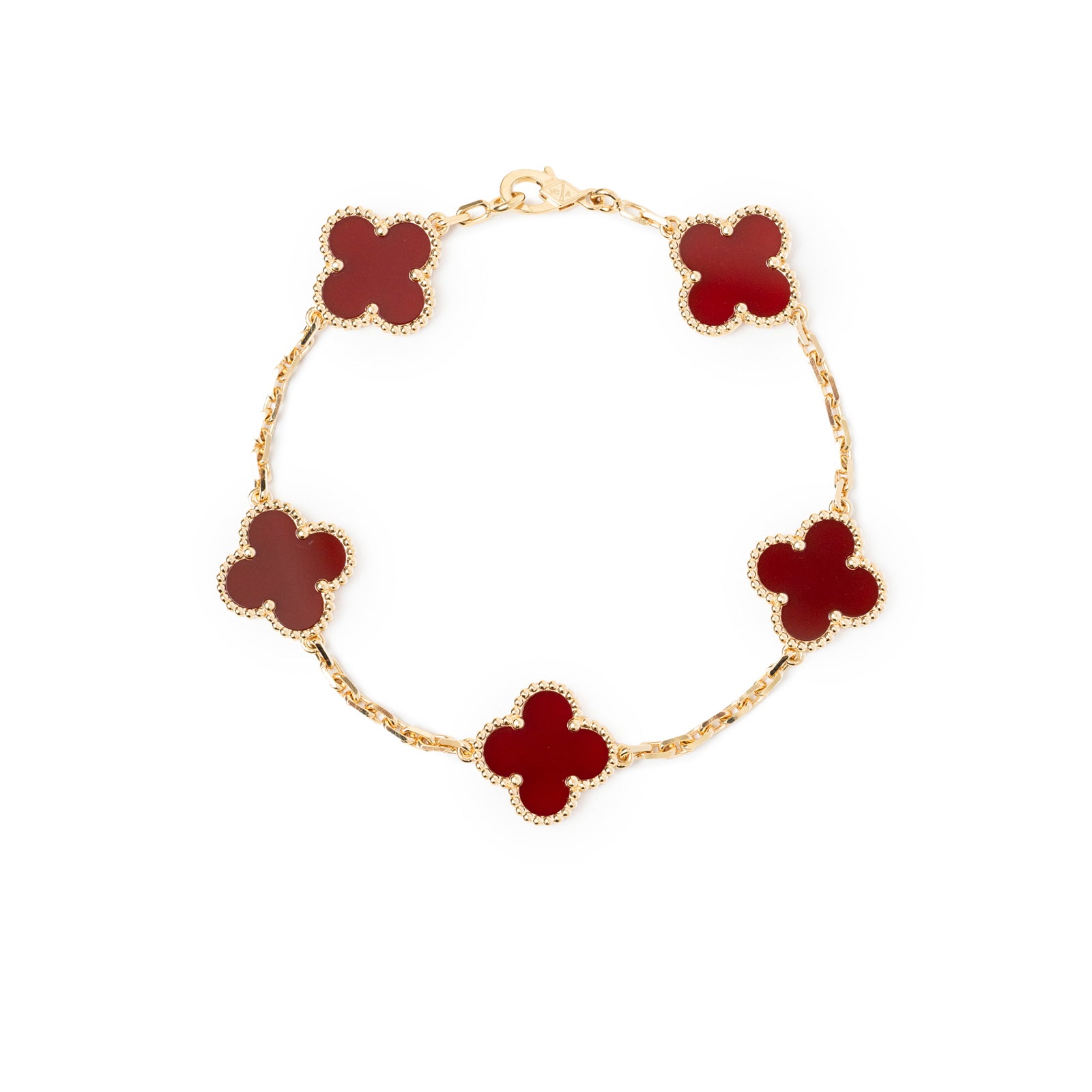 Van Cleef & Arpels Vintage Alhambra 5 motifs Bracelet 18K Yellow Gold Carnelian top-down flat lay view