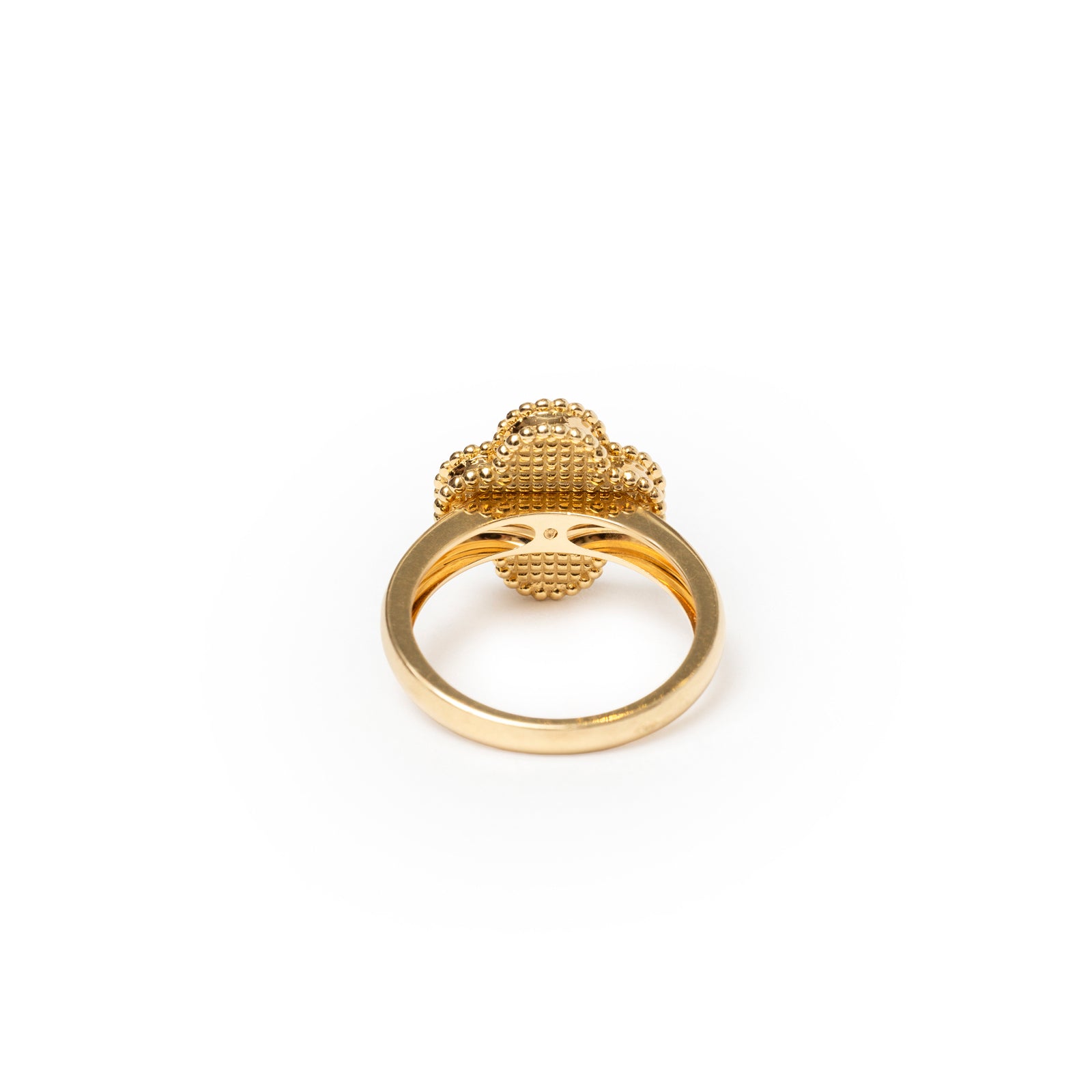 Back view of Van Cleef & Arpels Vintage Alhambra Carnelian Diamond Ring showing gold band and detailed clover setting