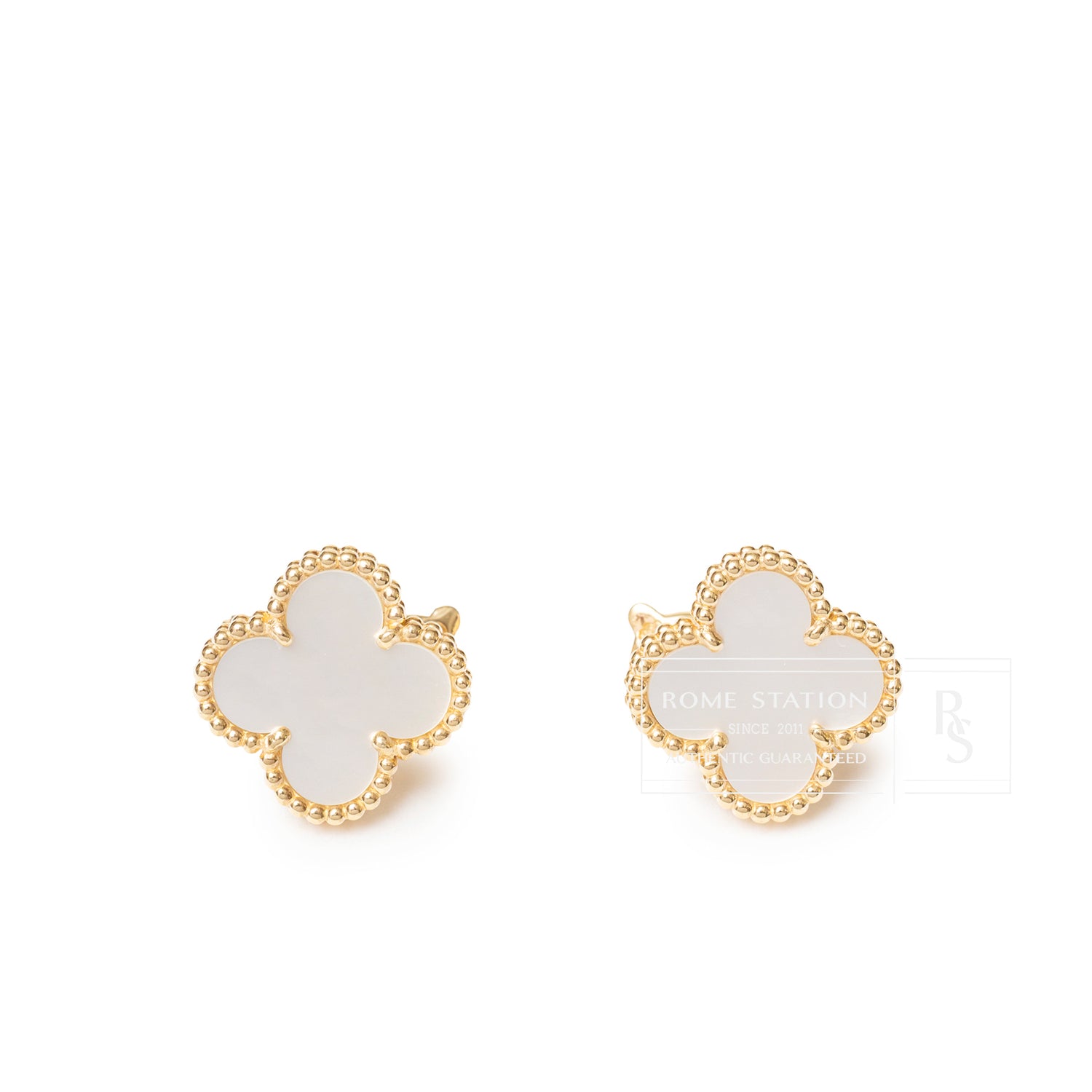 Front view of Van Cleef & Arpels Vintage Alhambra Earrings 18K Yellow Gold White Mother-of-pearl with beaded edges