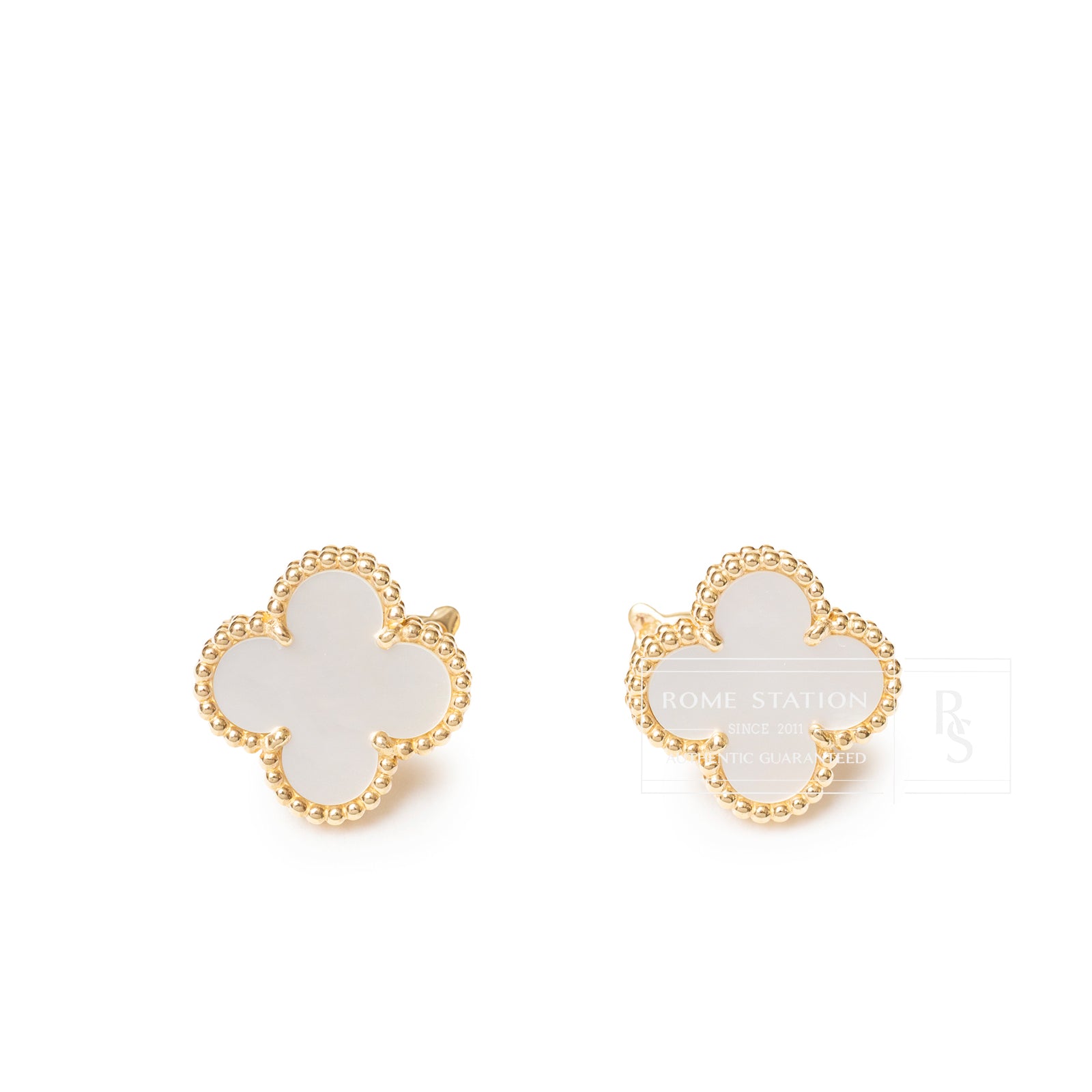 Front view of Van Cleef & Arpels Vintage Alhambra Earrings 18K Yellow Gold White Mother-of-pearl with beaded edges