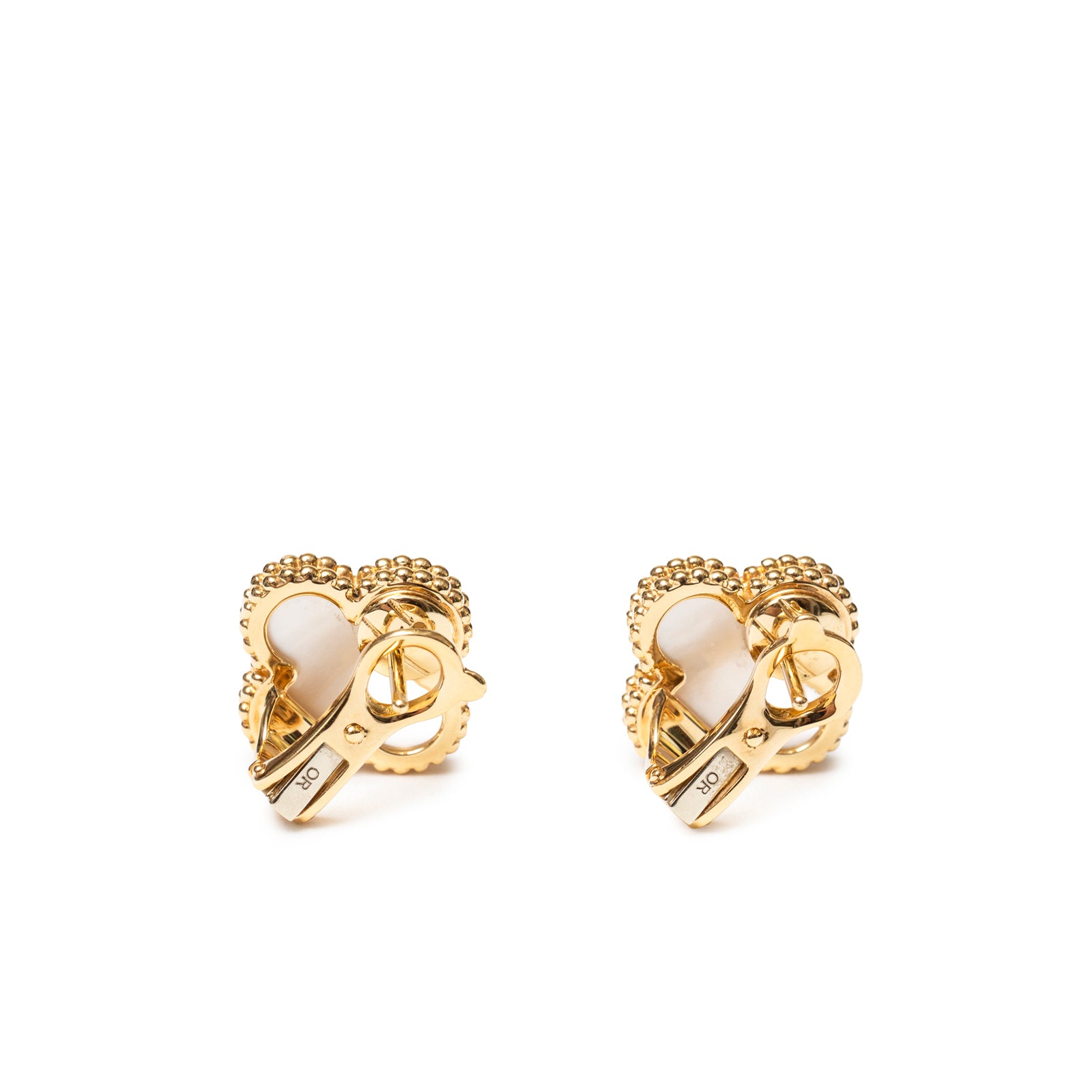 Back view of Van Cleef & Arpels Vintage Alhambra Earrings 18K Yellow Gold with white mother-of-pearl detail