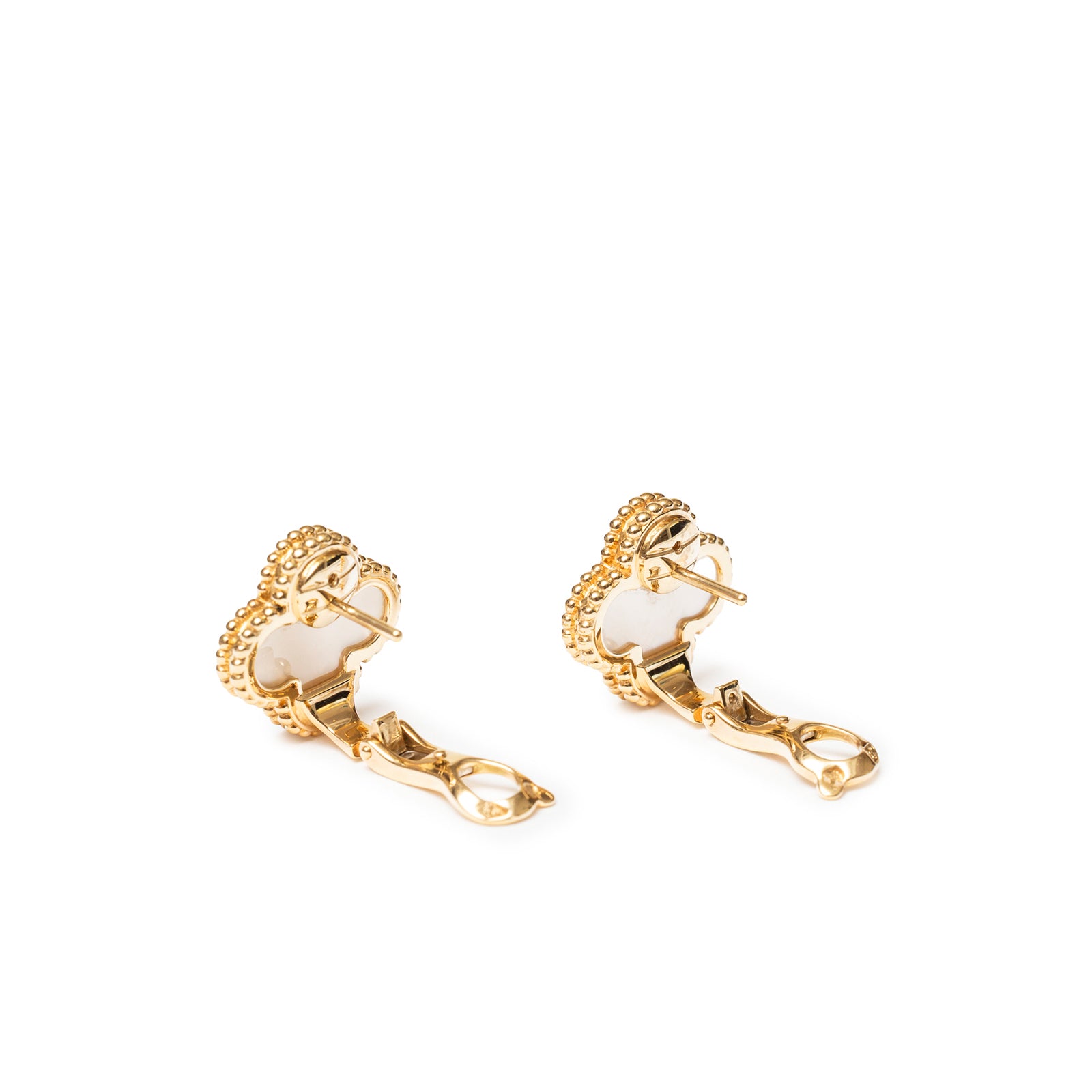 Close-up of back view of Van Cleef & Arpels Vintage Alhambra Earrings 18K Yellow Gold White Mother-of-pearl with clip detail