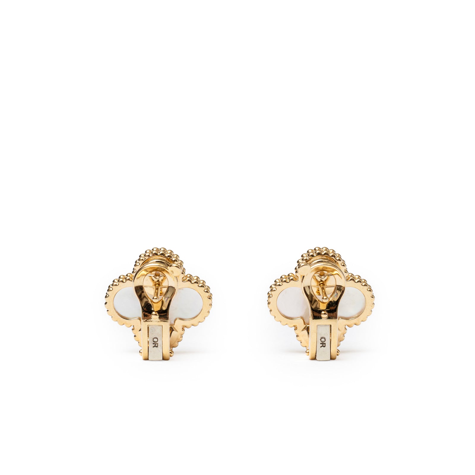Back view close-up of Van Cleef & Arpels Vintage Alhambra Earrings 18K Yellow Gold/White Mother-of-pearl showing clasps