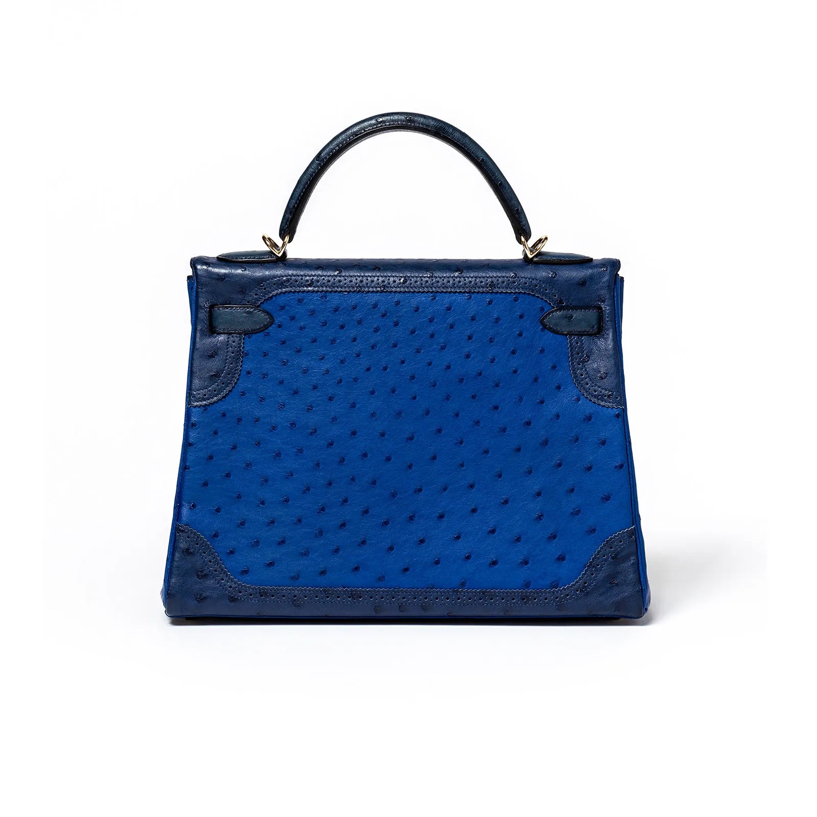 Hermès Kelly 32 Ghillies Blue Sapphire/Blue Iris/Blue Thalassa Ostrich Permabrass Hardware