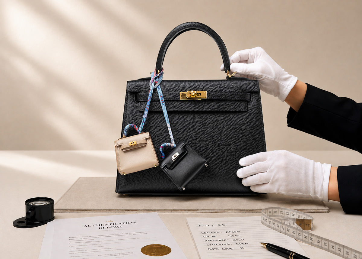 Black structured handbag with gold clasp colorful scarf and miniature charms held by gloved hands
