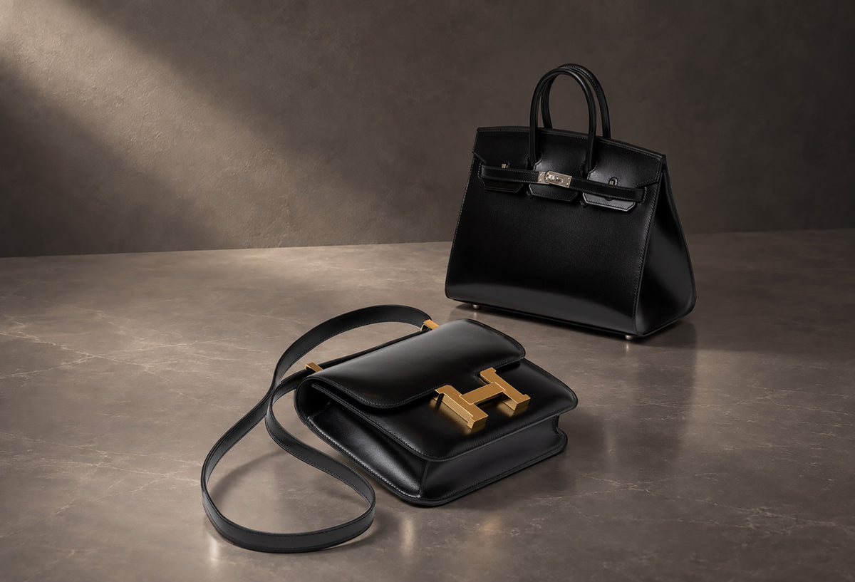 Two black structured handbags with gold hardware displayed on a stone surface