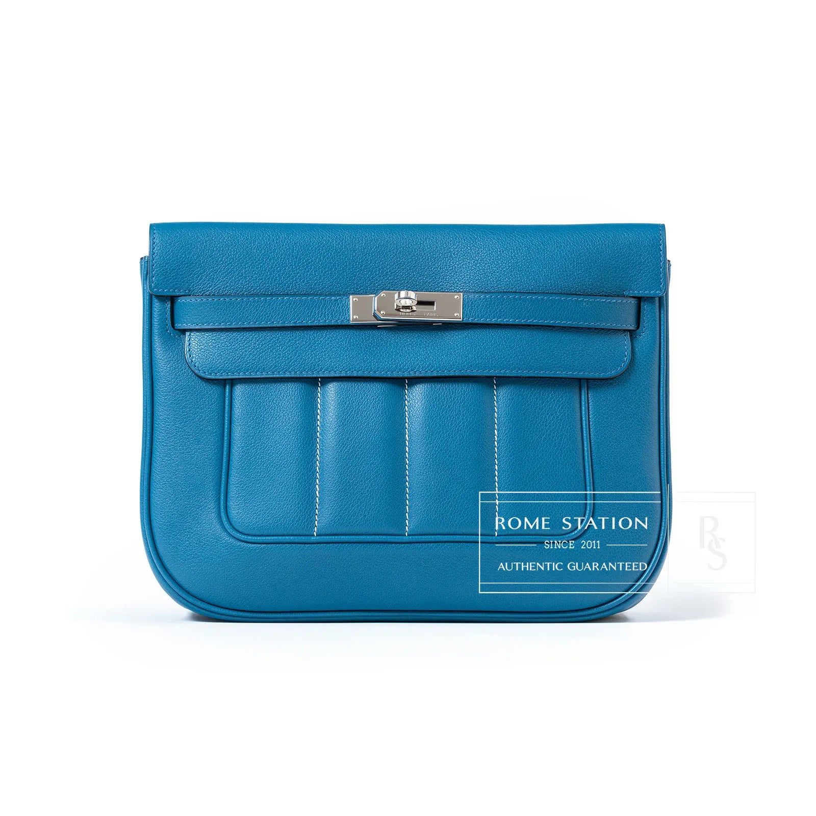 Hermès Berline 28 Blue Evercolor Palladium Hardware