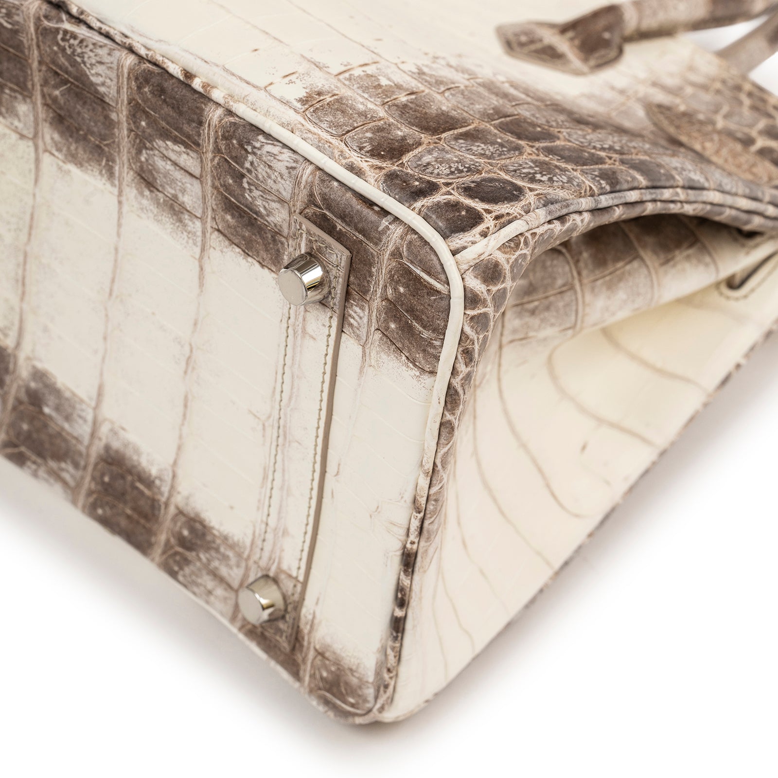 Close-up of bottom corner showing texture and palladium hardware on Hermès Himalaya Birkin 30 Matte Niloticus Crocodile Palladium Hardware