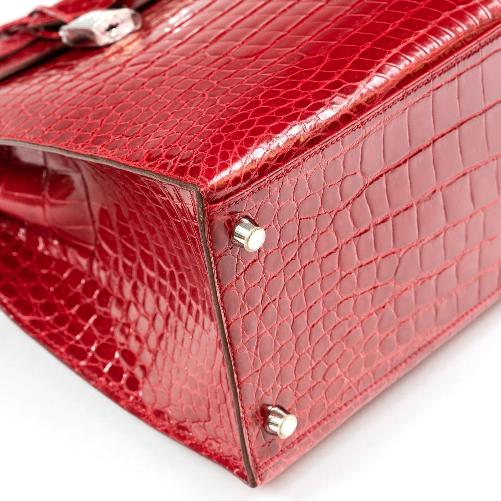 Hermès Kelly Sellier 35 Diamond Rouge Porosus Crocodile 18K White Gold