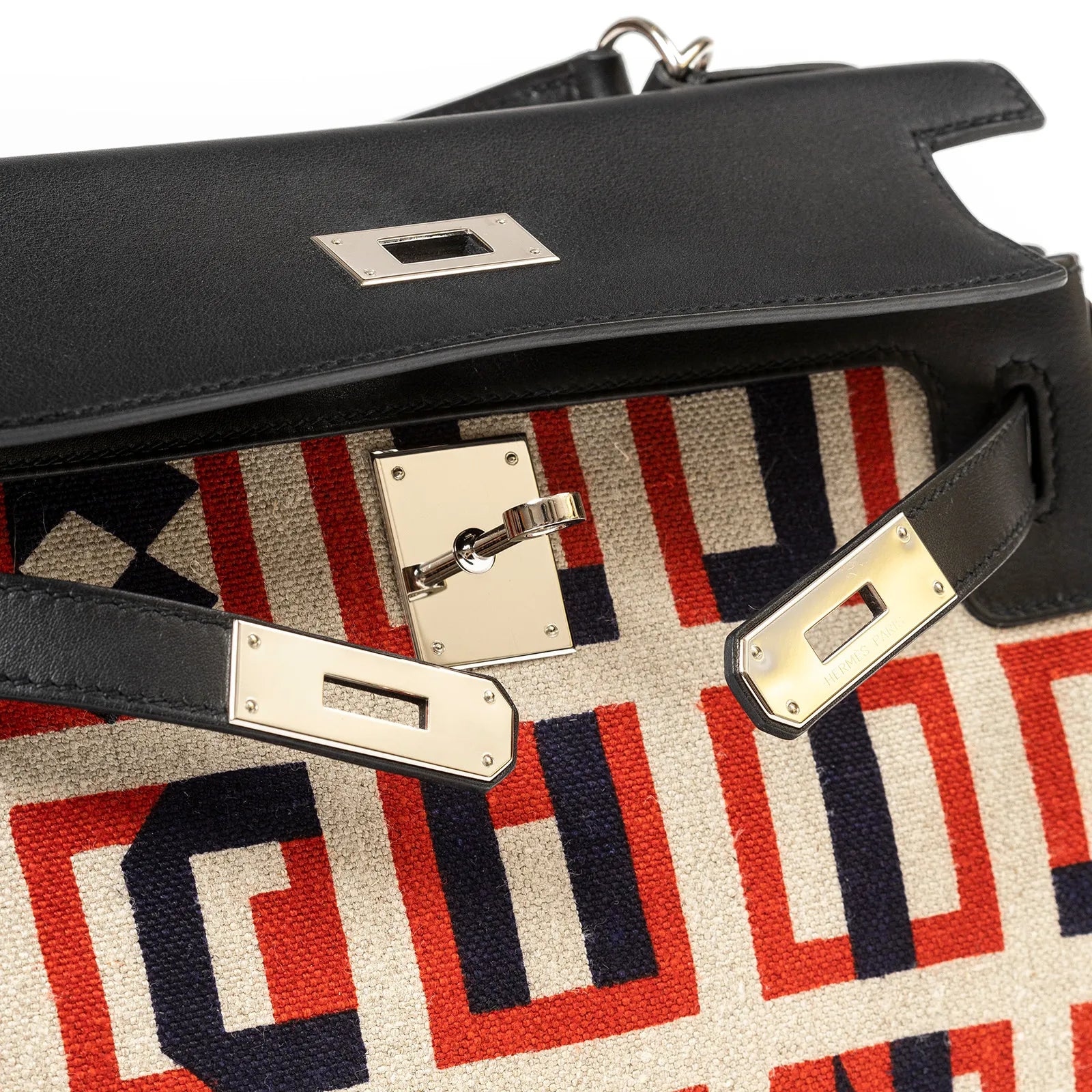 Hermès Kelly Retourne 28 Letter Au Carre Black Toile/Swift Palladium Hardware