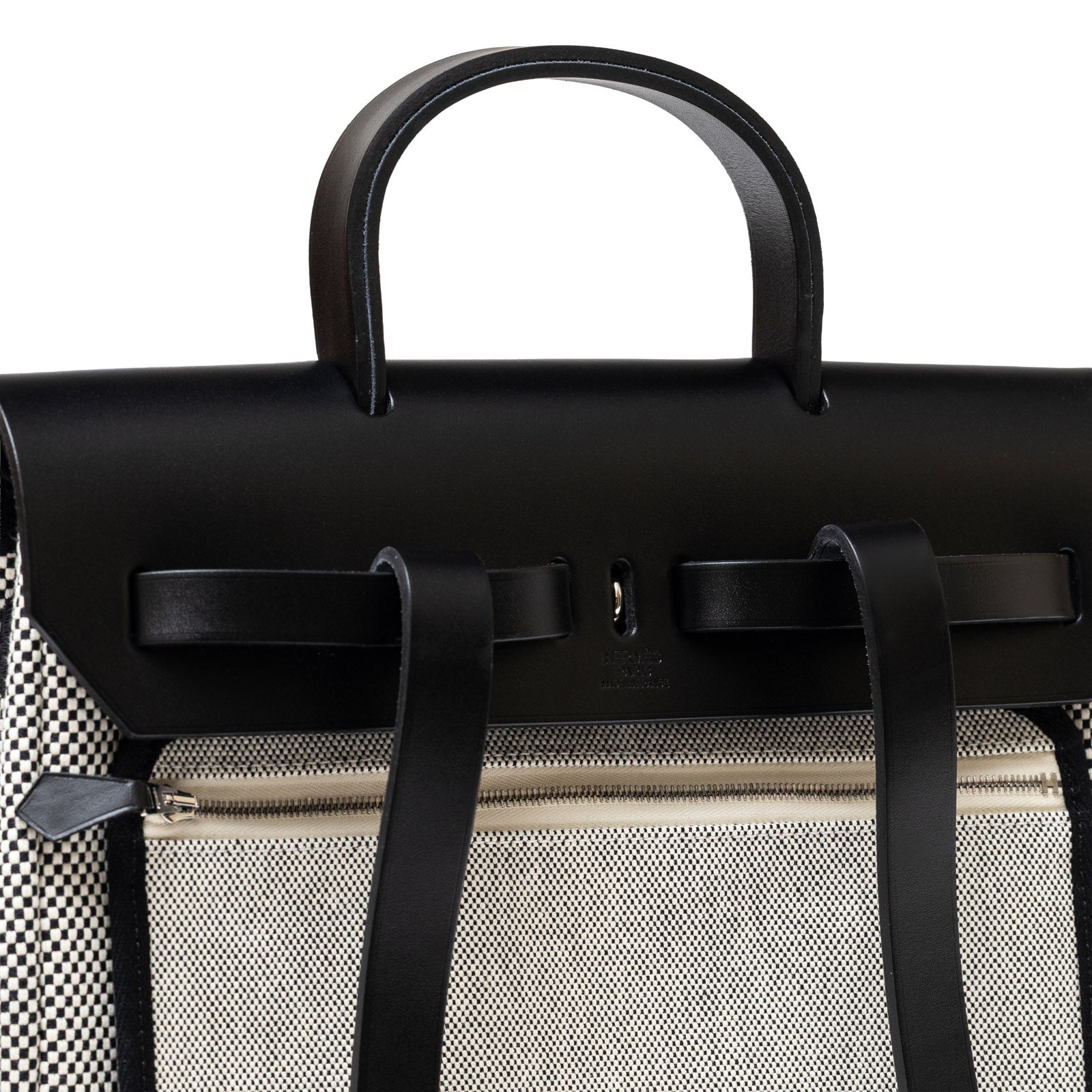 Hermès Herbag a Dos Backpack Ecru/Black Toile Palladium Hardware - Close Up Back