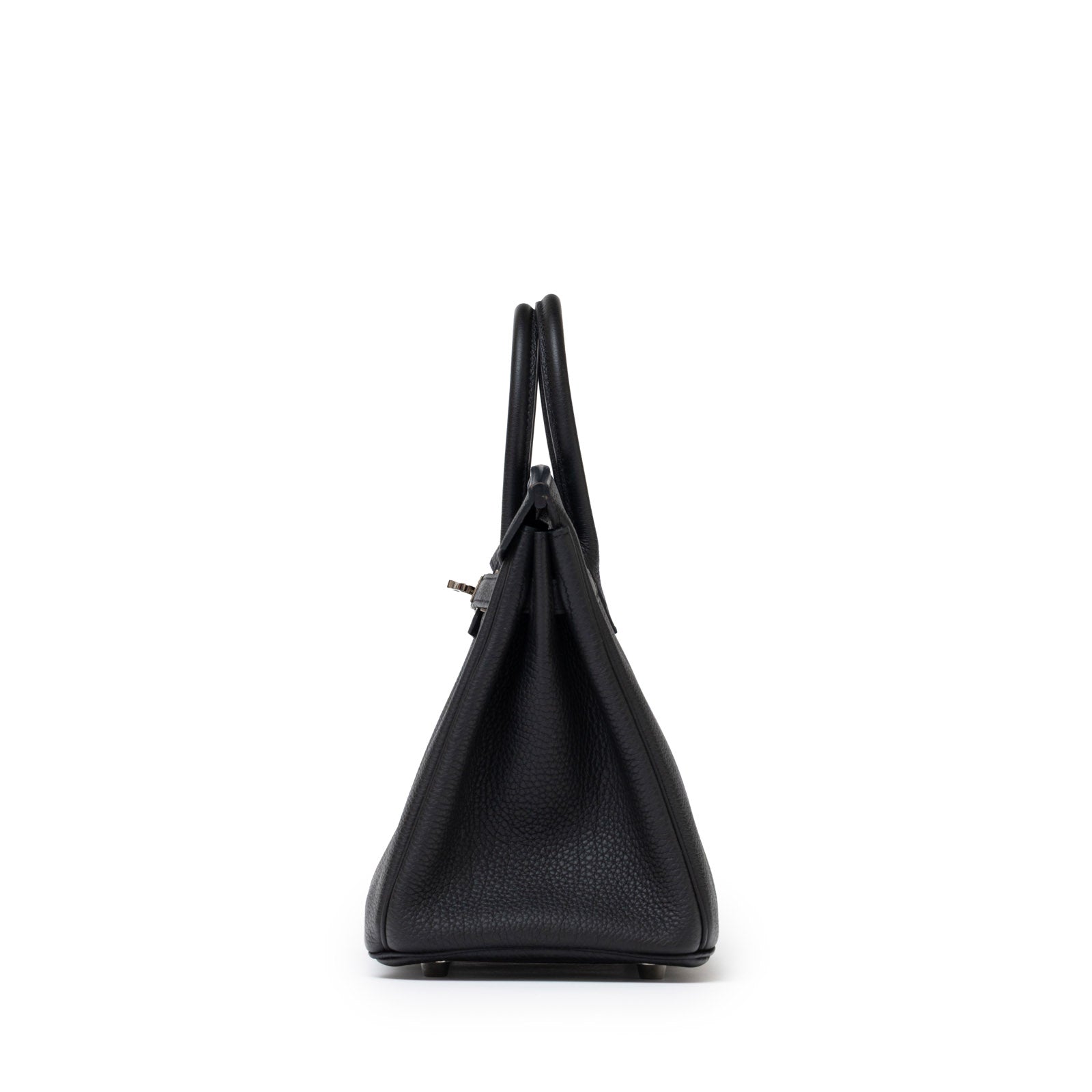 Side profile of Hermès Birkin 25 Black Togo Palladium Hardware showcasing leather texture and handles detail