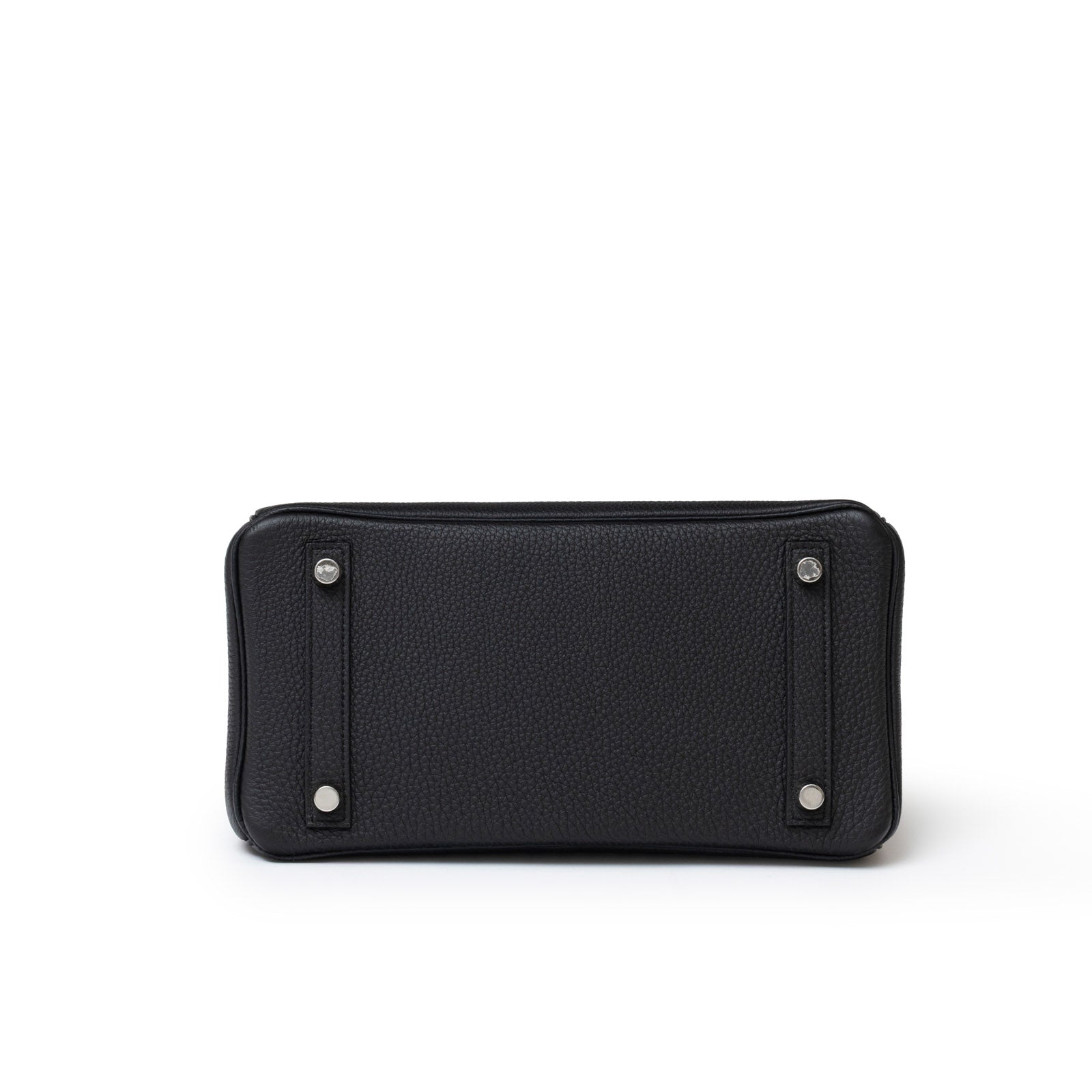 Bottom view of Hermès Birkin 25 Black Togo Palladium Hardware showcasing textured leather and metal feet details