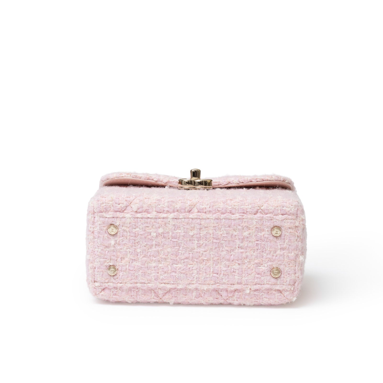 Chanel 23K Top Handle Vanity Box Tweed Chain Bag Pink Permabrass Hardware