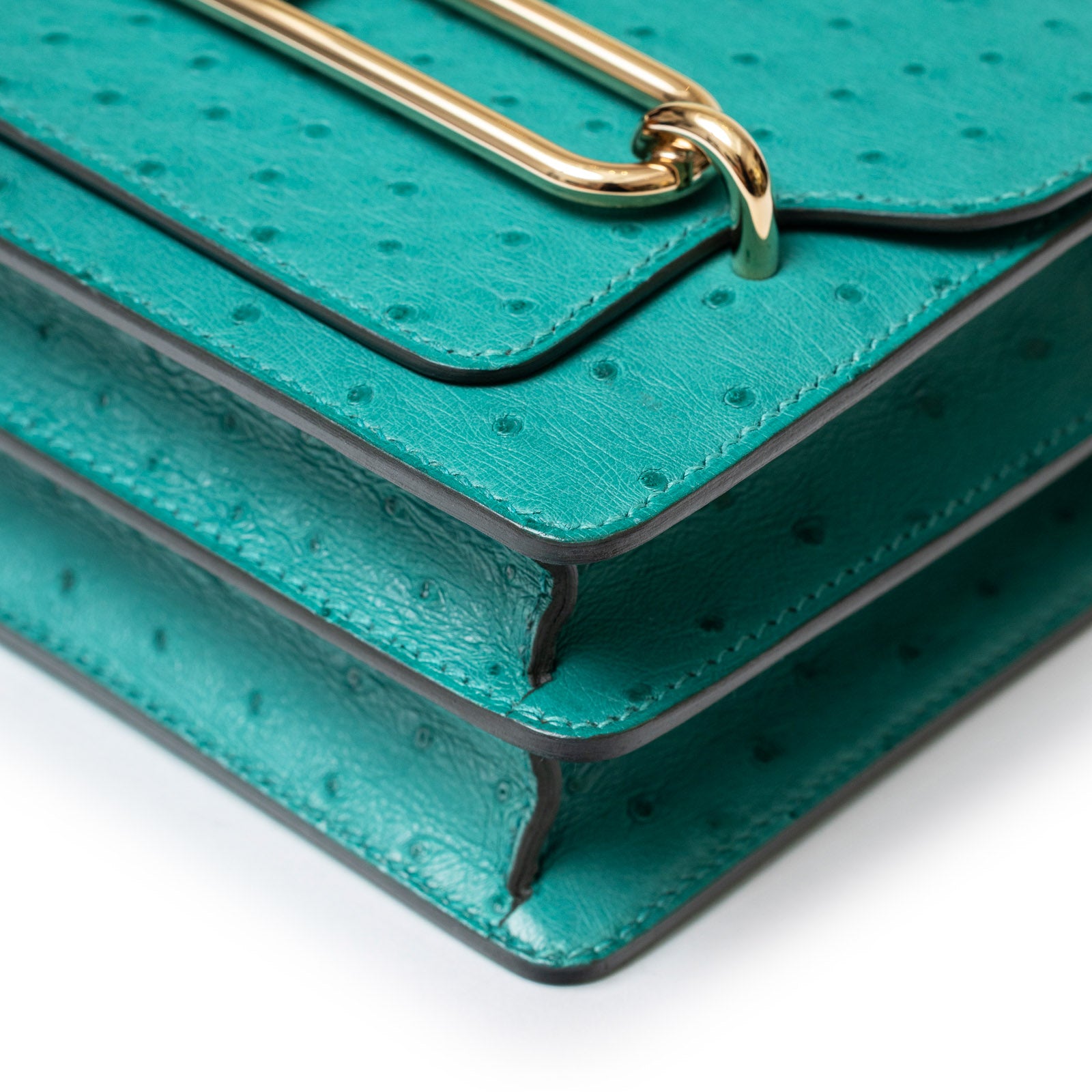 Hermès Mini Roulis Ostrich Vert Verone Permabrass Hardware - Front Corner Right
