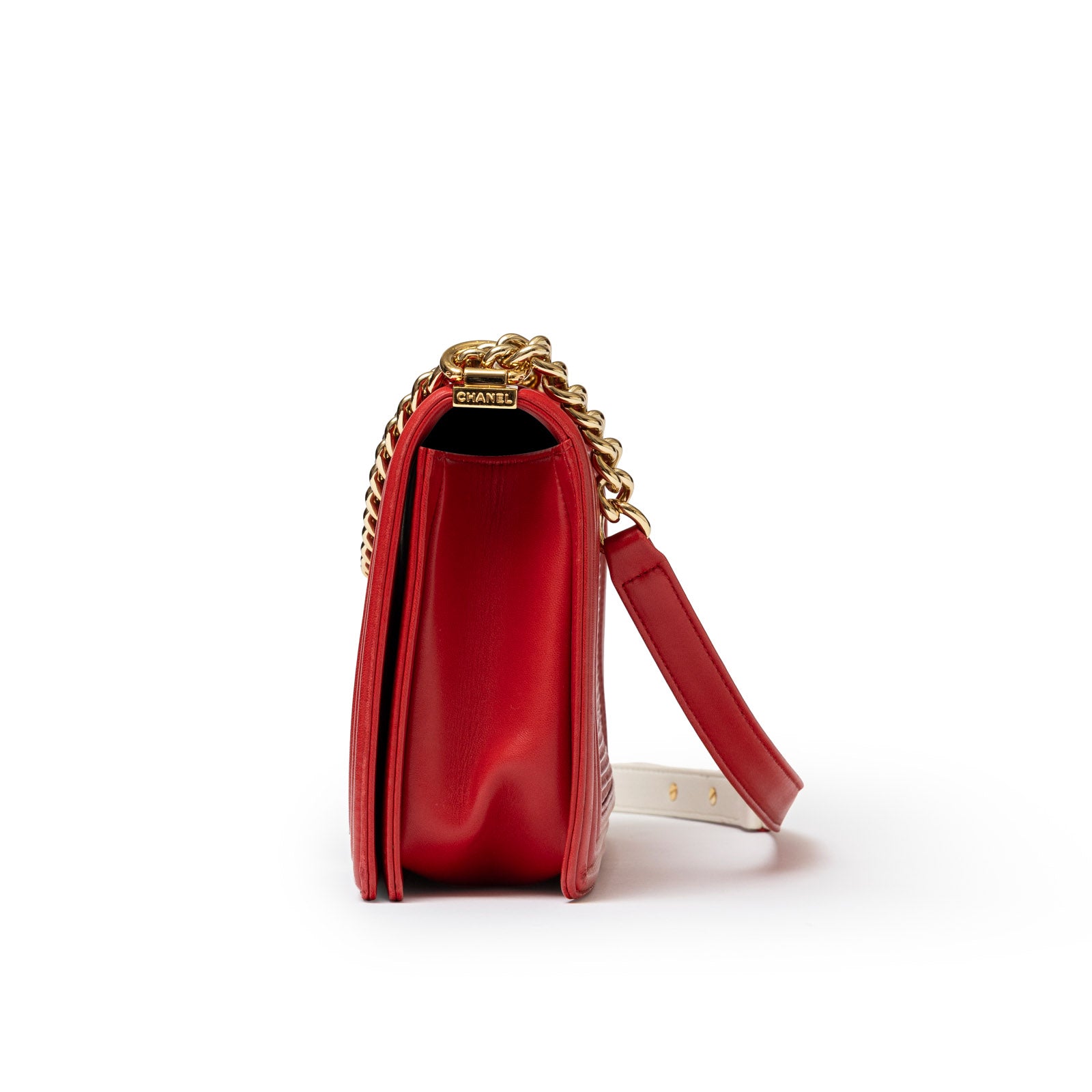 Chanel Leboy Flap Bag Coco Mark Waffle Bag Red White and Gold Hardware - Right