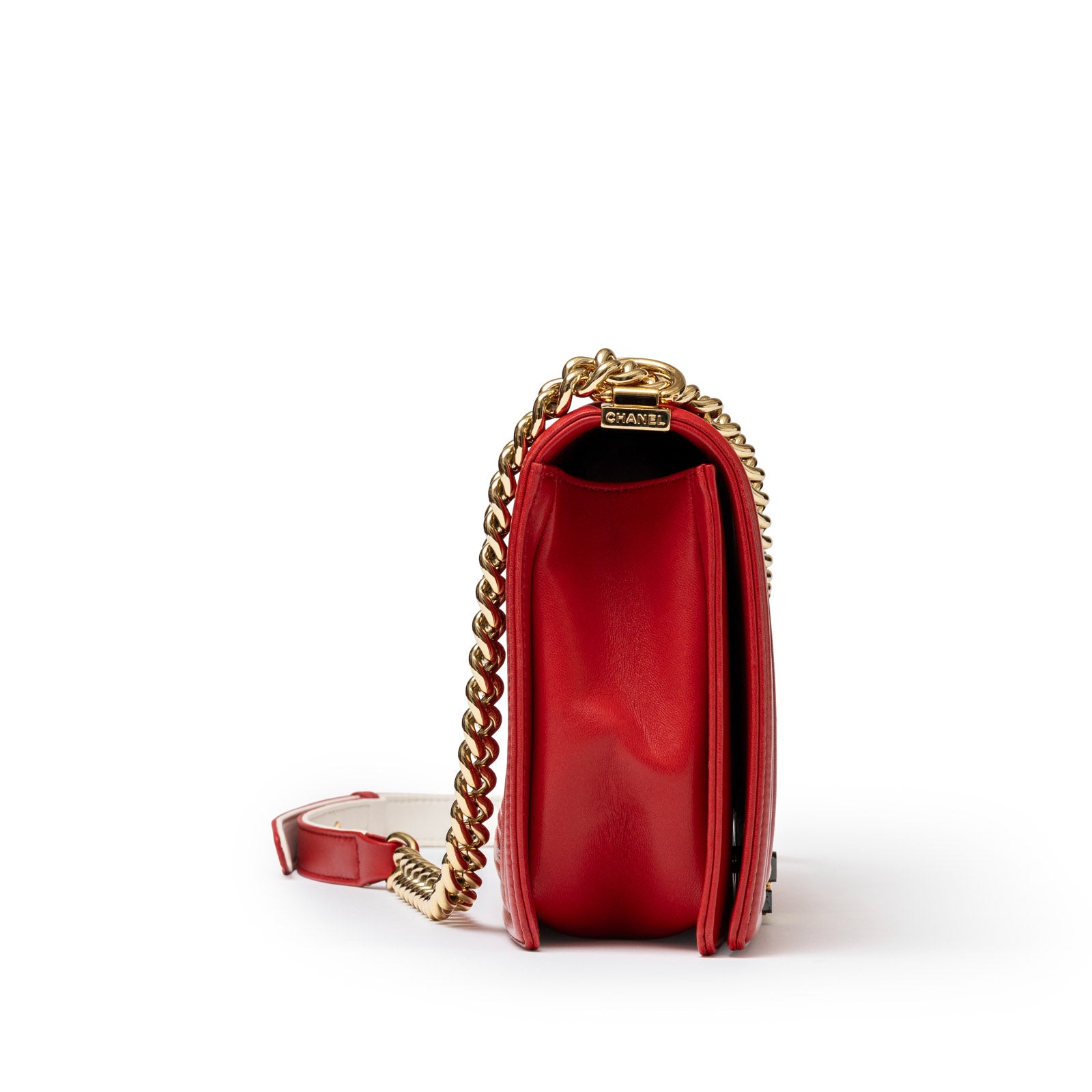 Chanel Leboy Flap Bag Coco Mark Waffle Bag Red White and Gold Hardware - Side Left