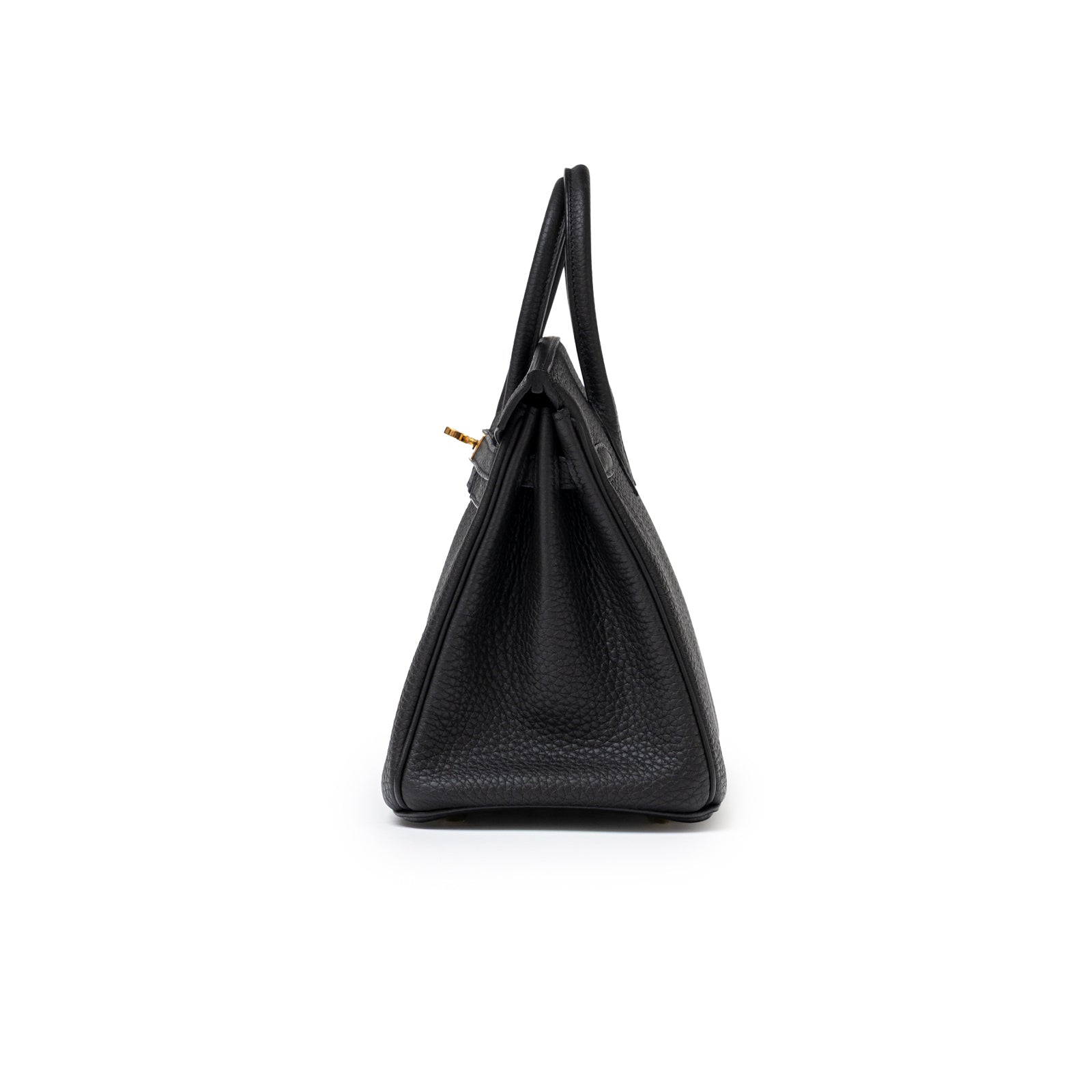 Side view of Hermès Birkin 25 Black Togo Gold Hardware showing textured leather and slim profile details
