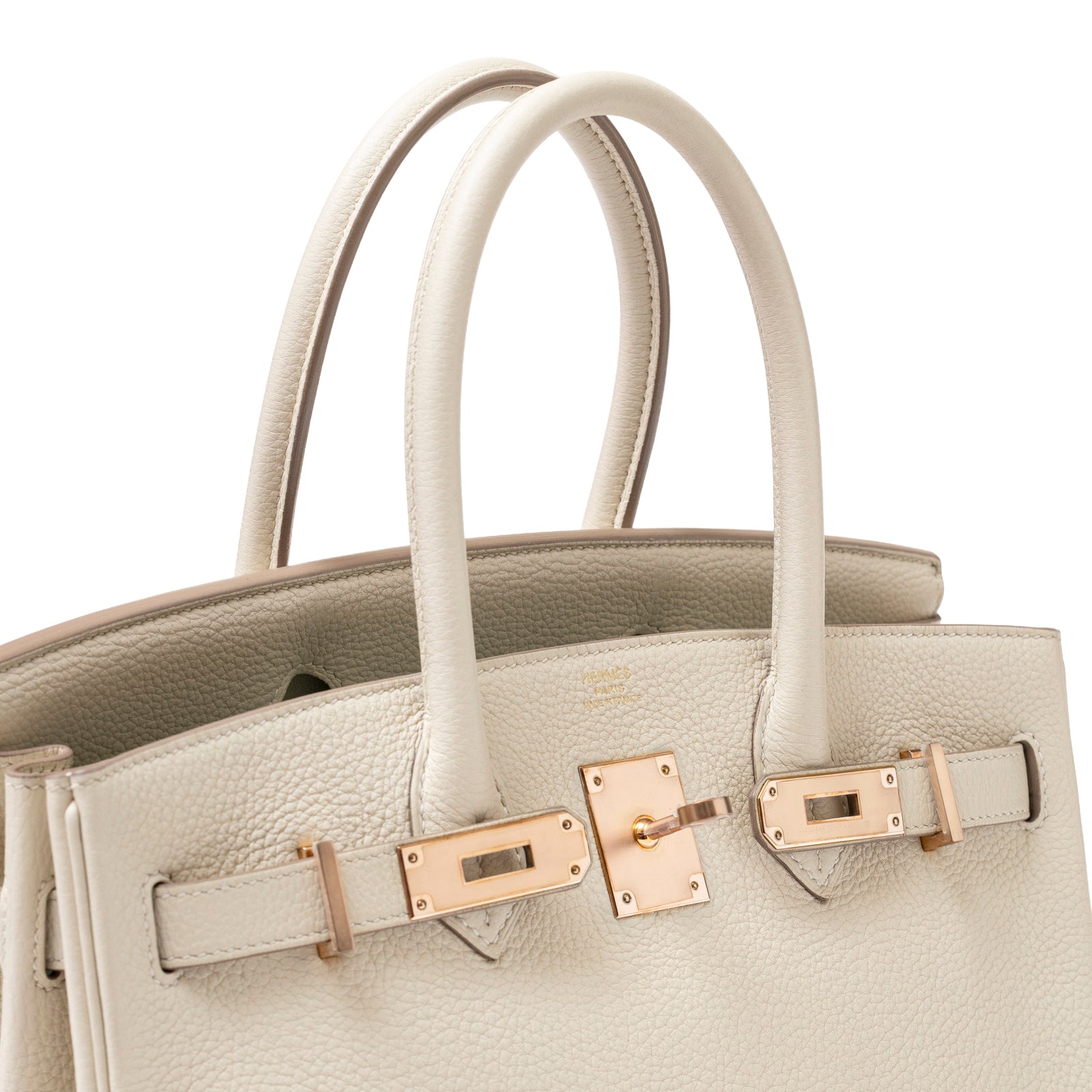 Close-up of top front showing rose gold hardware on Hermès Birkin 30 Craie Togo Rose Gold Hardware