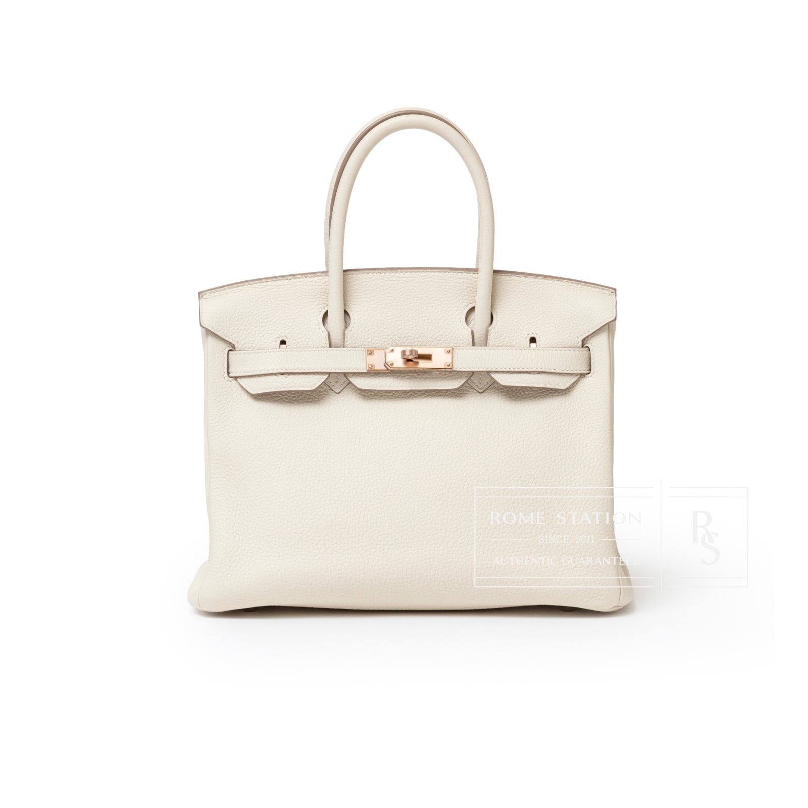 Front view of Hermès Birkin 30 Craie Togo Rose Gold Hardware showing textured leather and rose gold clasp detail
