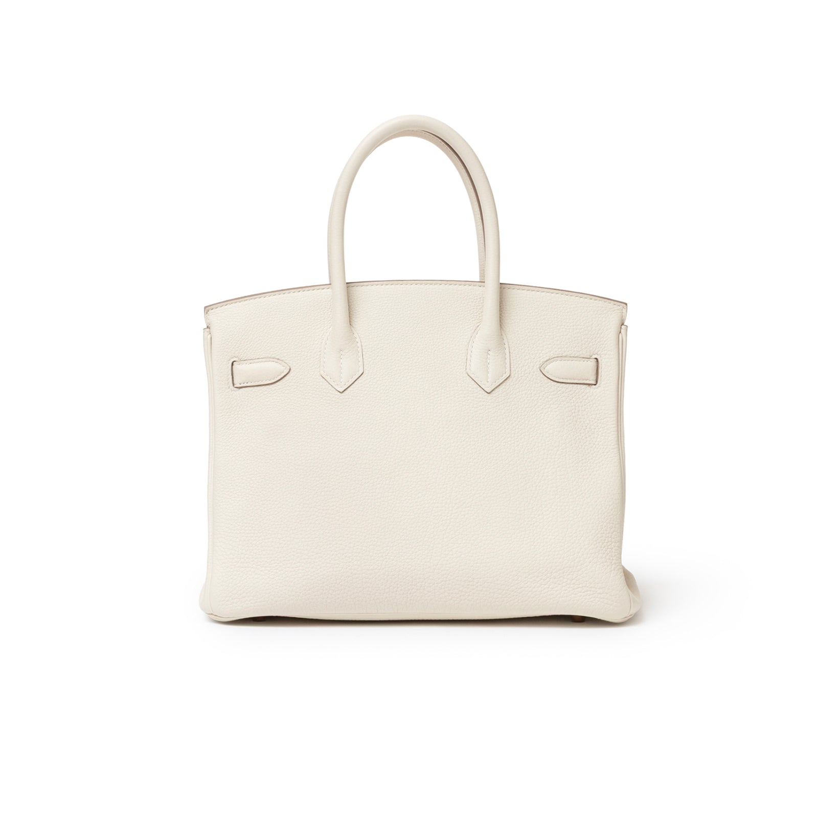 Back view of Hermès Birkin 30 Craie Togo Rose Gold Hardware showcasing its elegant light cream leather texture and handles