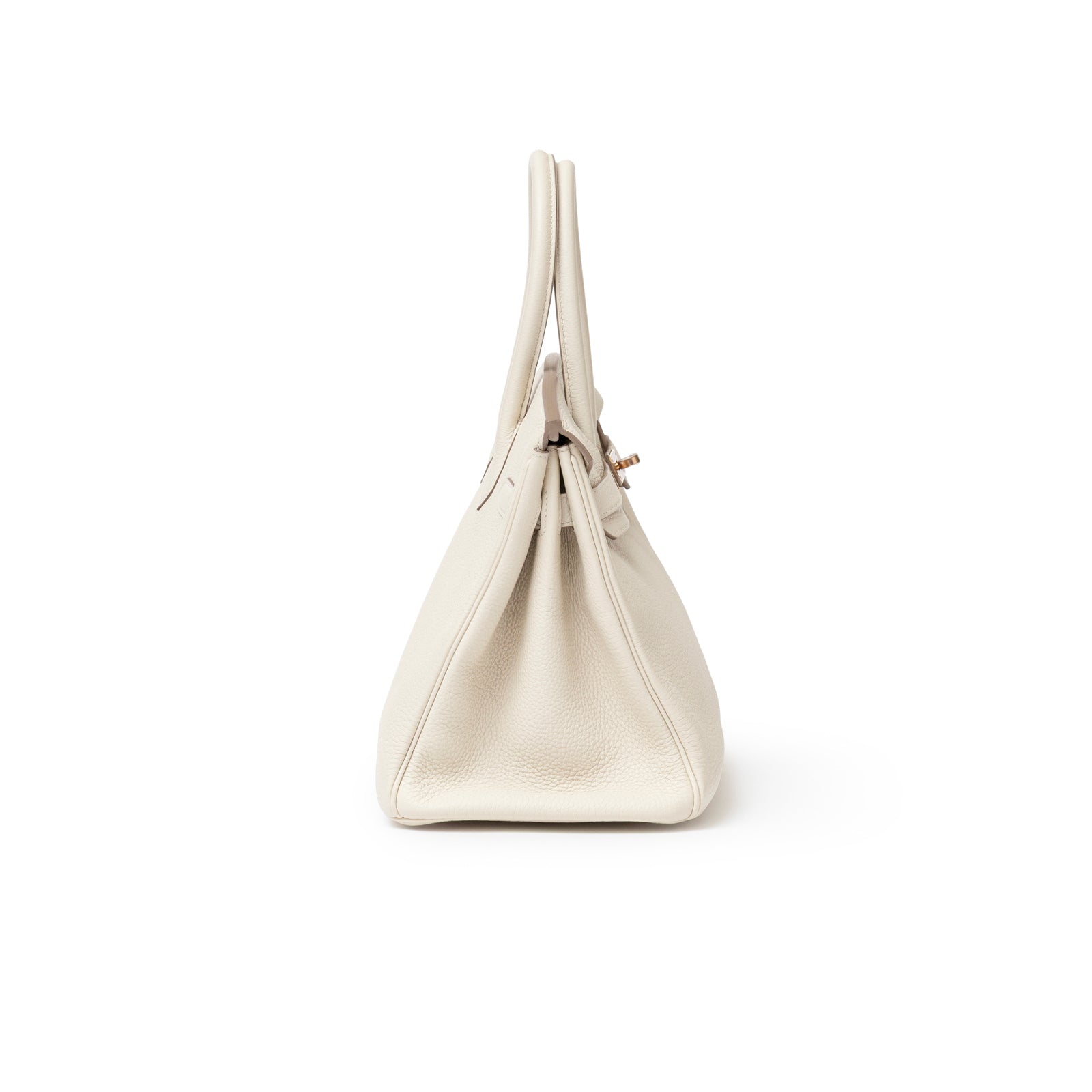 Side view of Hermès Birkin 30 Craie Togo Rose Gold Hardware showing soft leather texture and slim handles