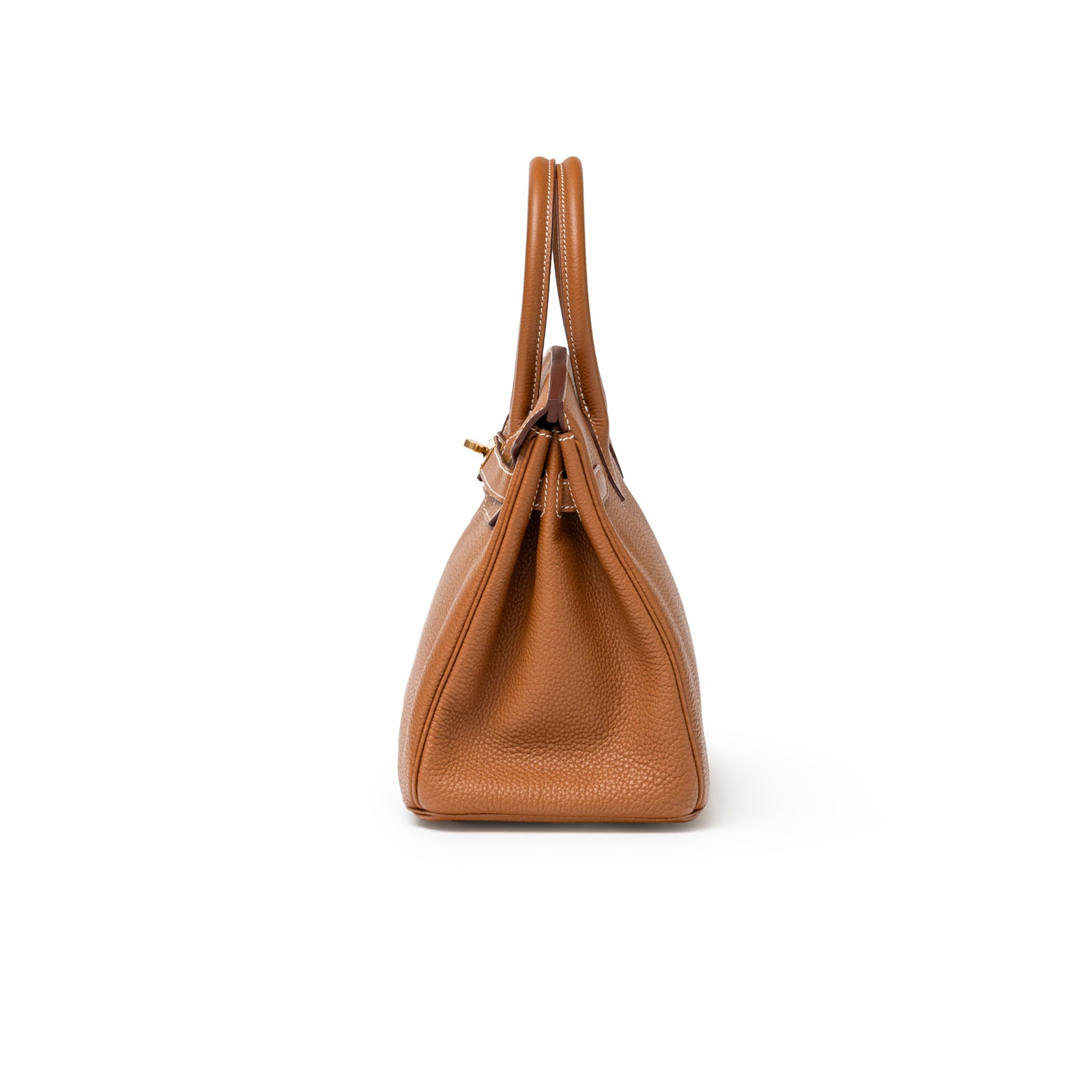 Side view of Hermès Birkin 30 Gold Togo Gold Hardware showcasing rich leather texture and handles detail