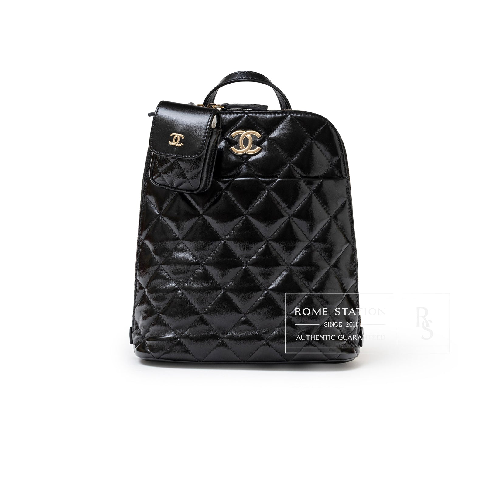 Front view of Chanel My Pocket Backpack Black Shiny Calfskin Gold Hardware with quilted texture and logo details