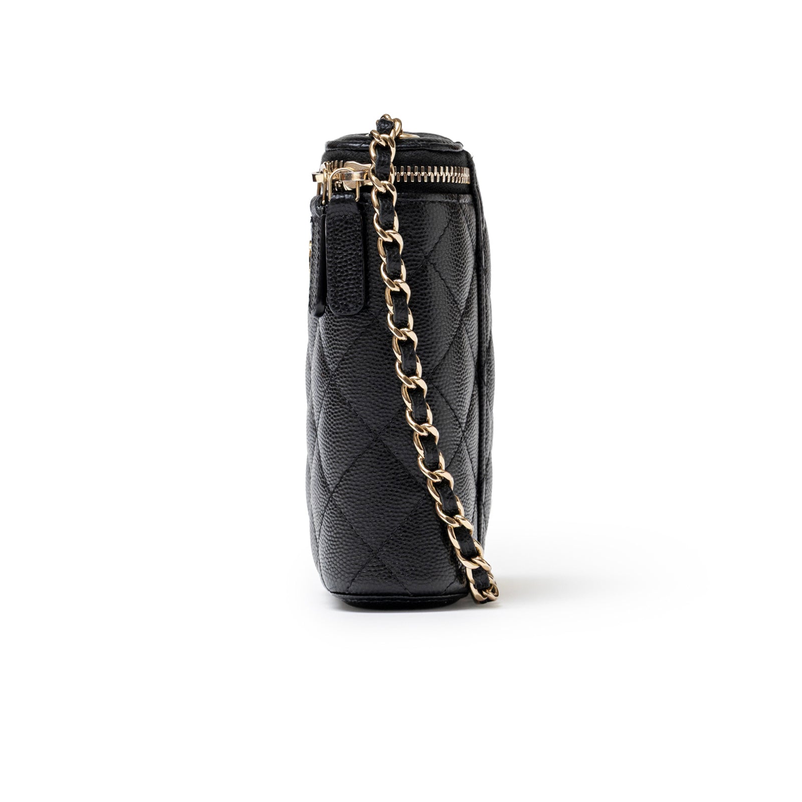Side view of Chanel Mini Coco Beauty Vanity Case on Chain Black Caviar Gold Hardware showing quilted leather and chain strap detail
