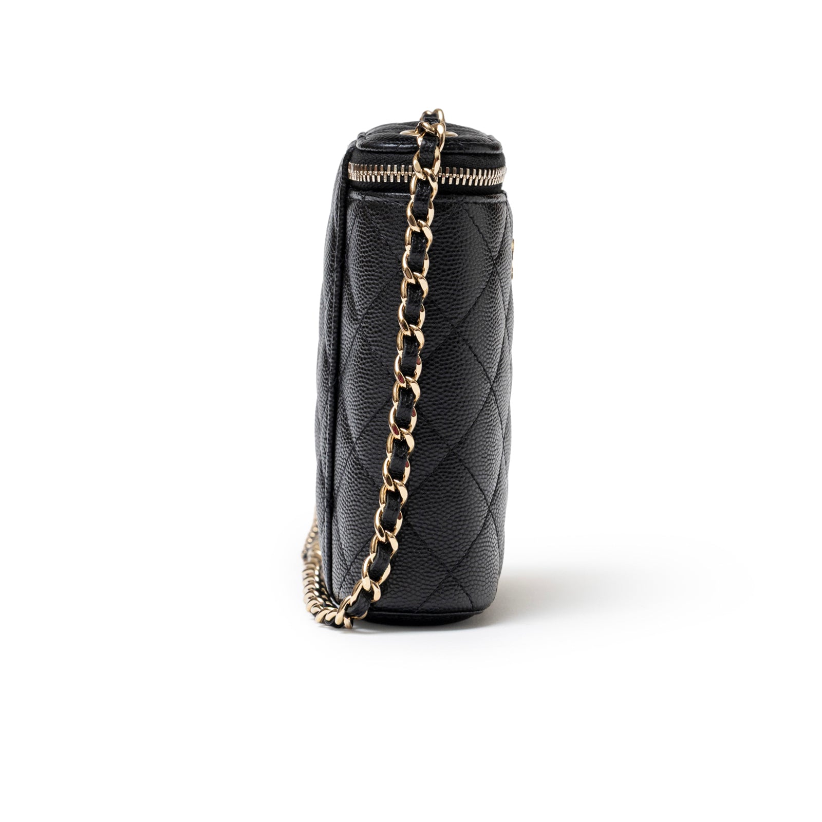 Side view of Chanel Mini Coco Beauty Vanity Case on Chain Black Caviar Gold Hardware showing quilted texture and zipper closure