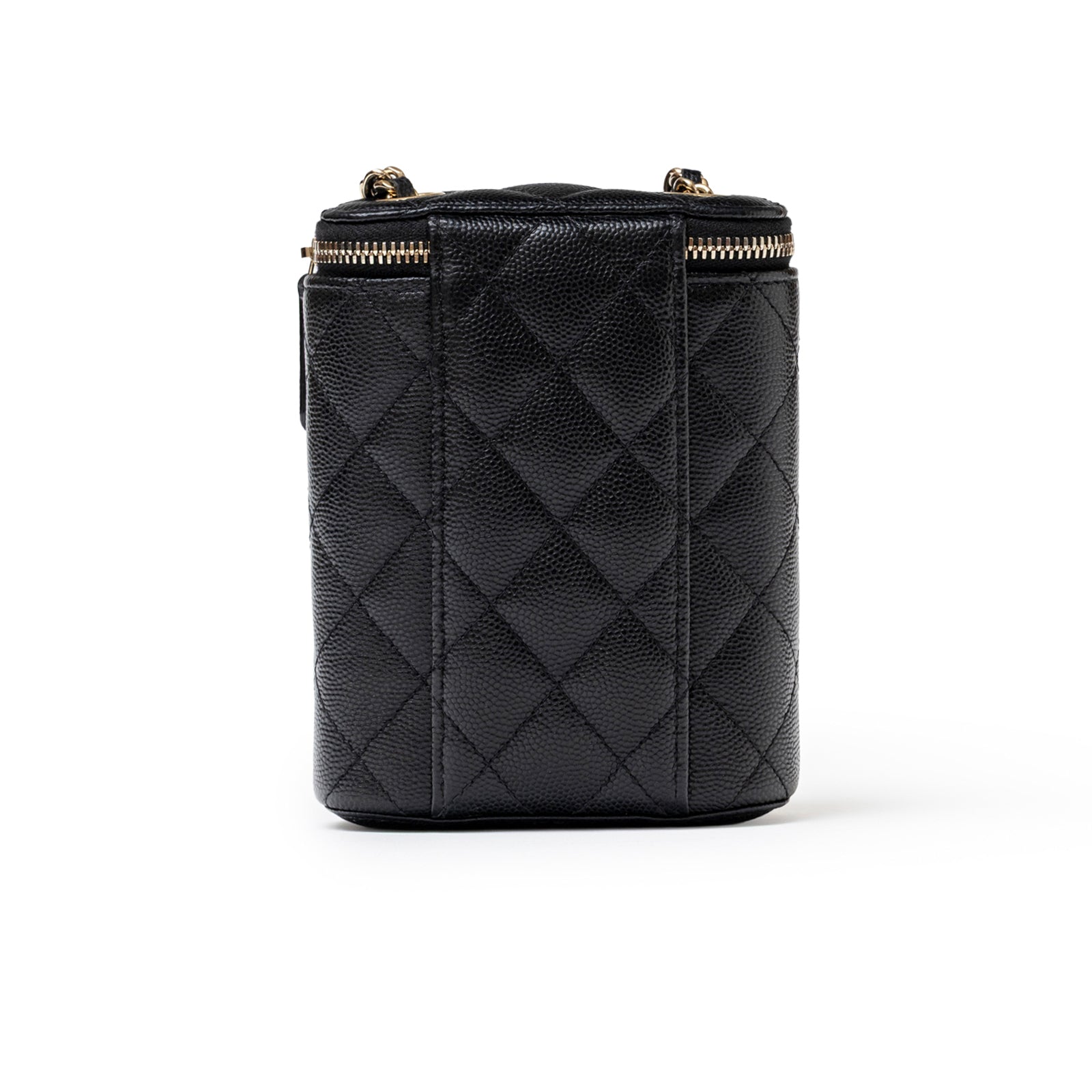 Back view of Chanel Mini Coco Beauty Vanity Case on Chain Black Caviar Gold Hardware showing quilted leather texture.