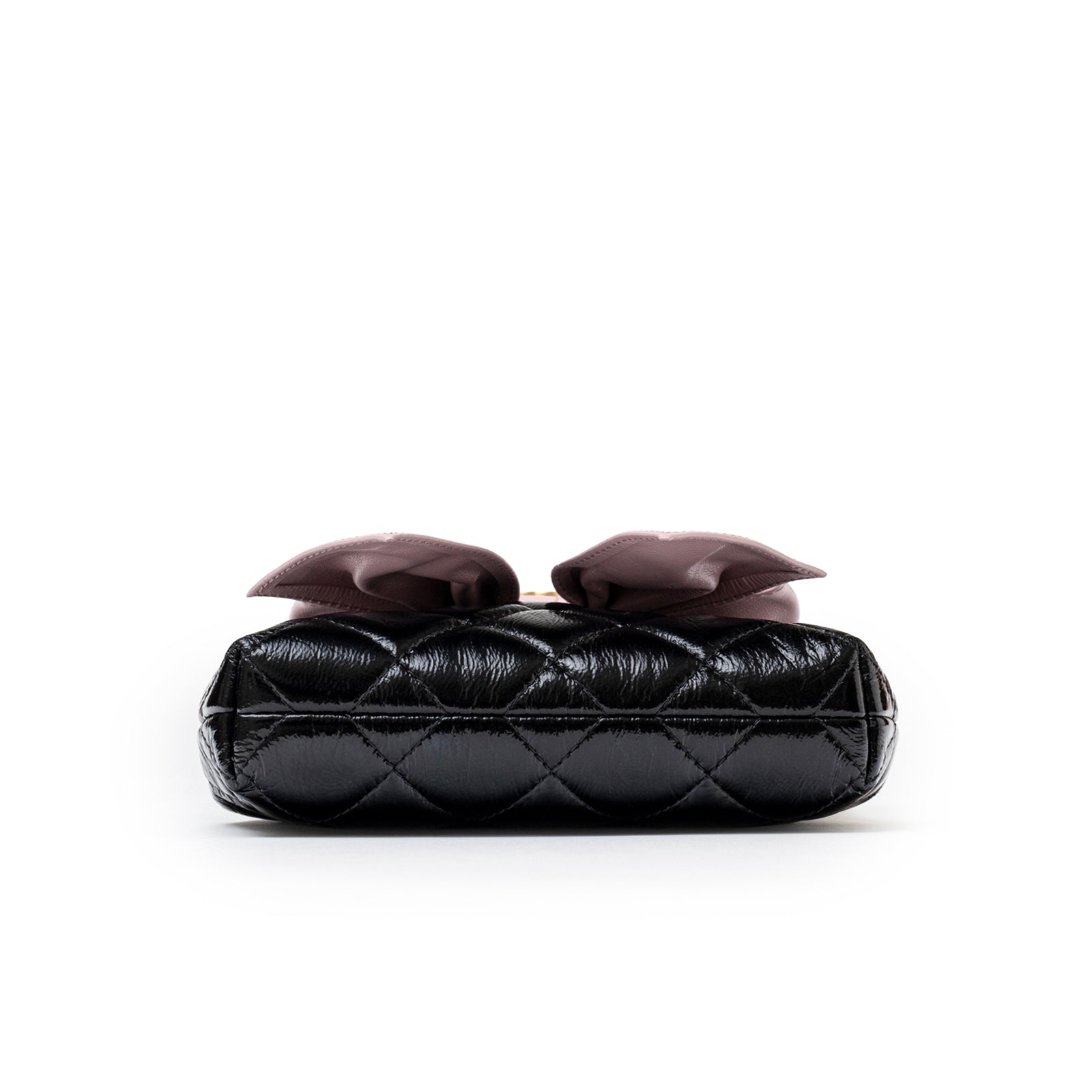 Bottom view of Chanel Maxi Bow Clutch With Chain Black/Pink Shiny Quilted Patent Crumpled/Lambskin Brushed Gold Hardware