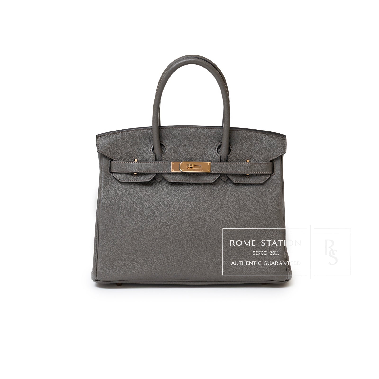 Front view of Hermès Birkin 30 Etain Togo Rose Gold Hardware showcasing textured leather and polished clasp details
