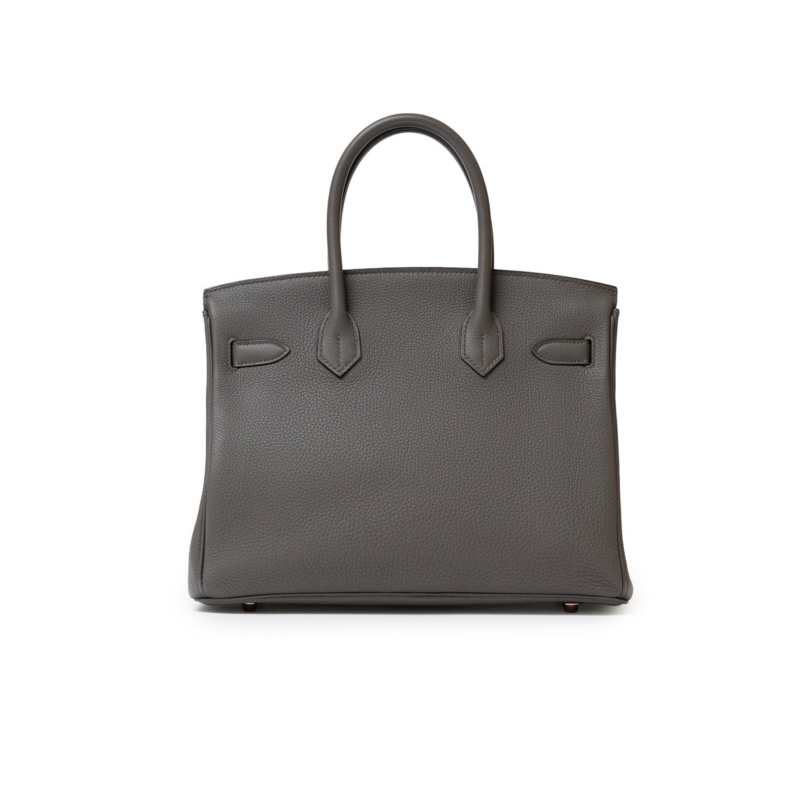 Front view of Hermès Birkin 30 Etain Togo Rose Gold Hardware showcasing smooth leather and rounded handles