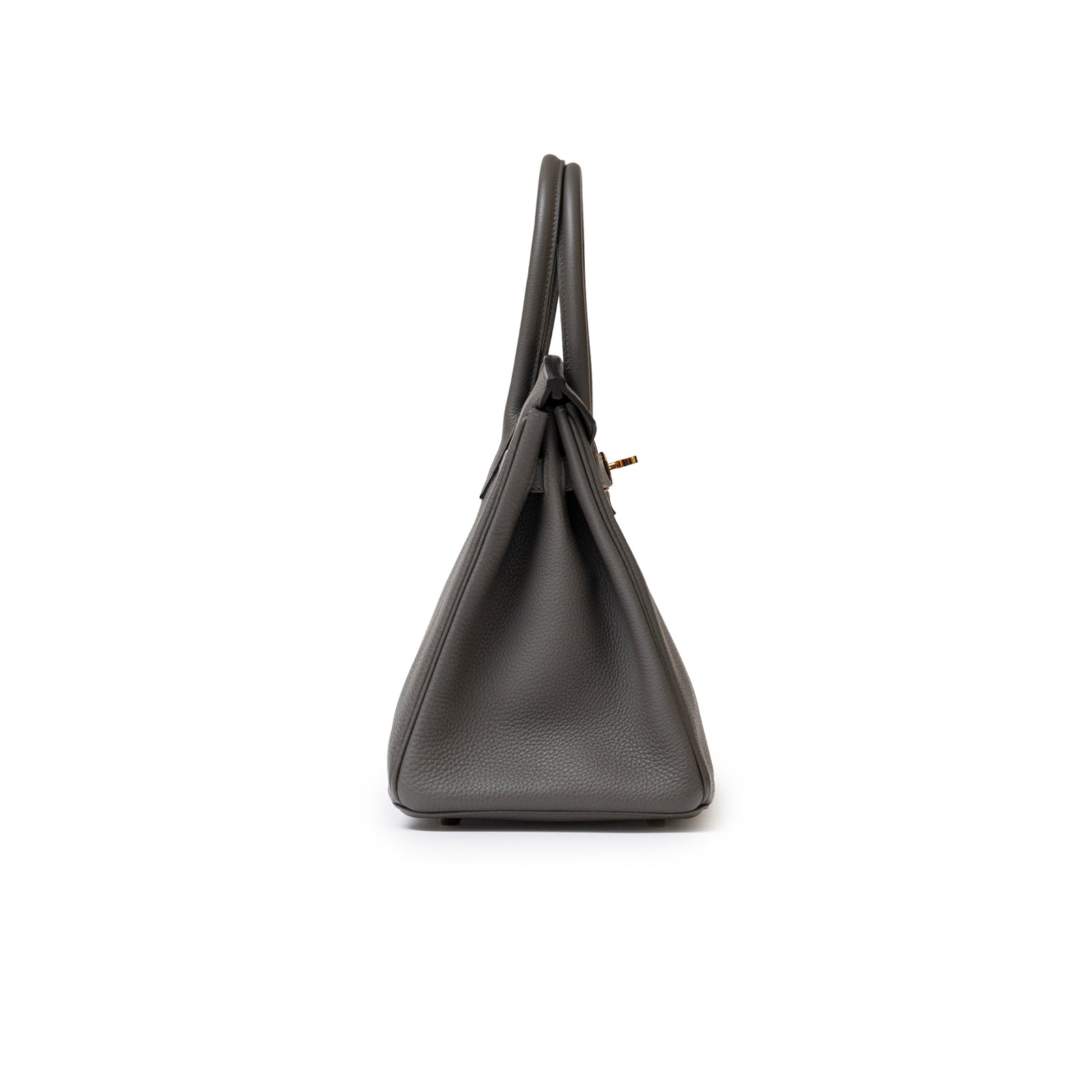 Side profile of Hermès Birkin 30 Etain Togo Rose Gold Hardware highlighting its leather texture and sleek silhouette