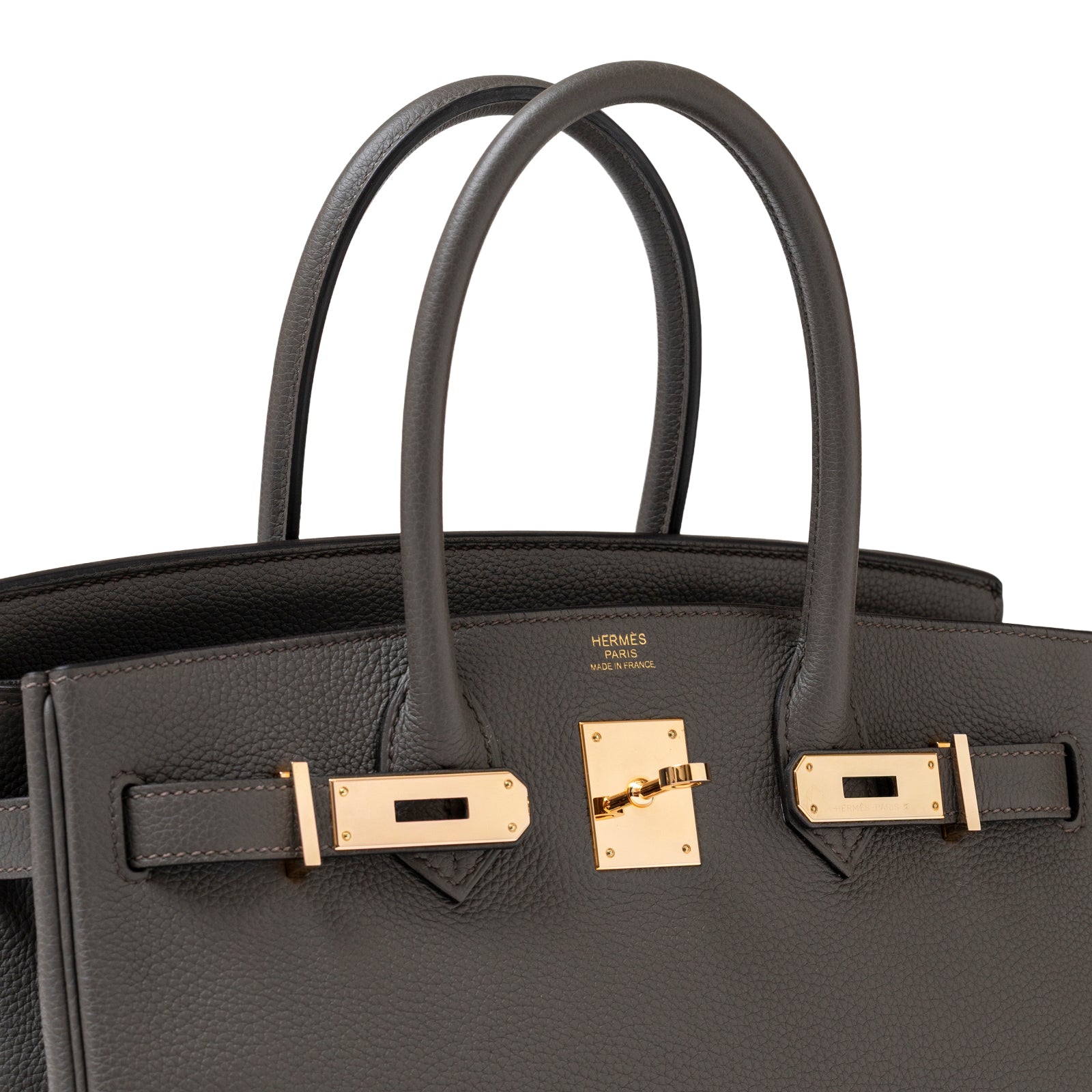 Close-up of Hermès Birkin 30 Etain Togo Rose Gold Hardware showcasing its handles and front clasp details